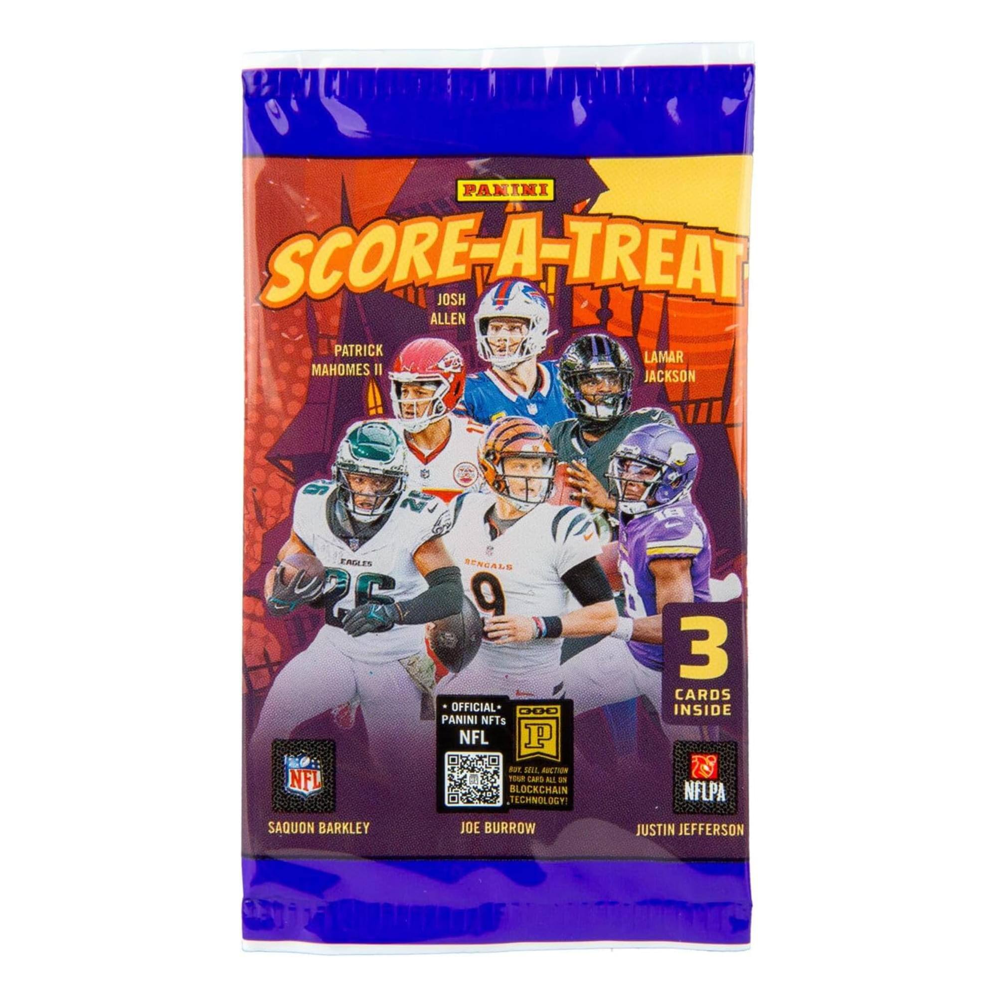 PANINI SCORE-A-TREAT  
JOSH ALLEN  
PATRICK MAHOMES II  
LAMAR JACKSON  

6 10no EAES STNCAL 25 9  
OFFICIAL PANINI NFTs NFL P FRt I AICTION NFL TONE LAS Al on BLOCKCHAIN TECHNOLOGY!  
8 3 CARDS INSIDE  
NFLPA  
SAQUON BARKLEY  
JOE BURROW  
JUSTIN JEFFERSON