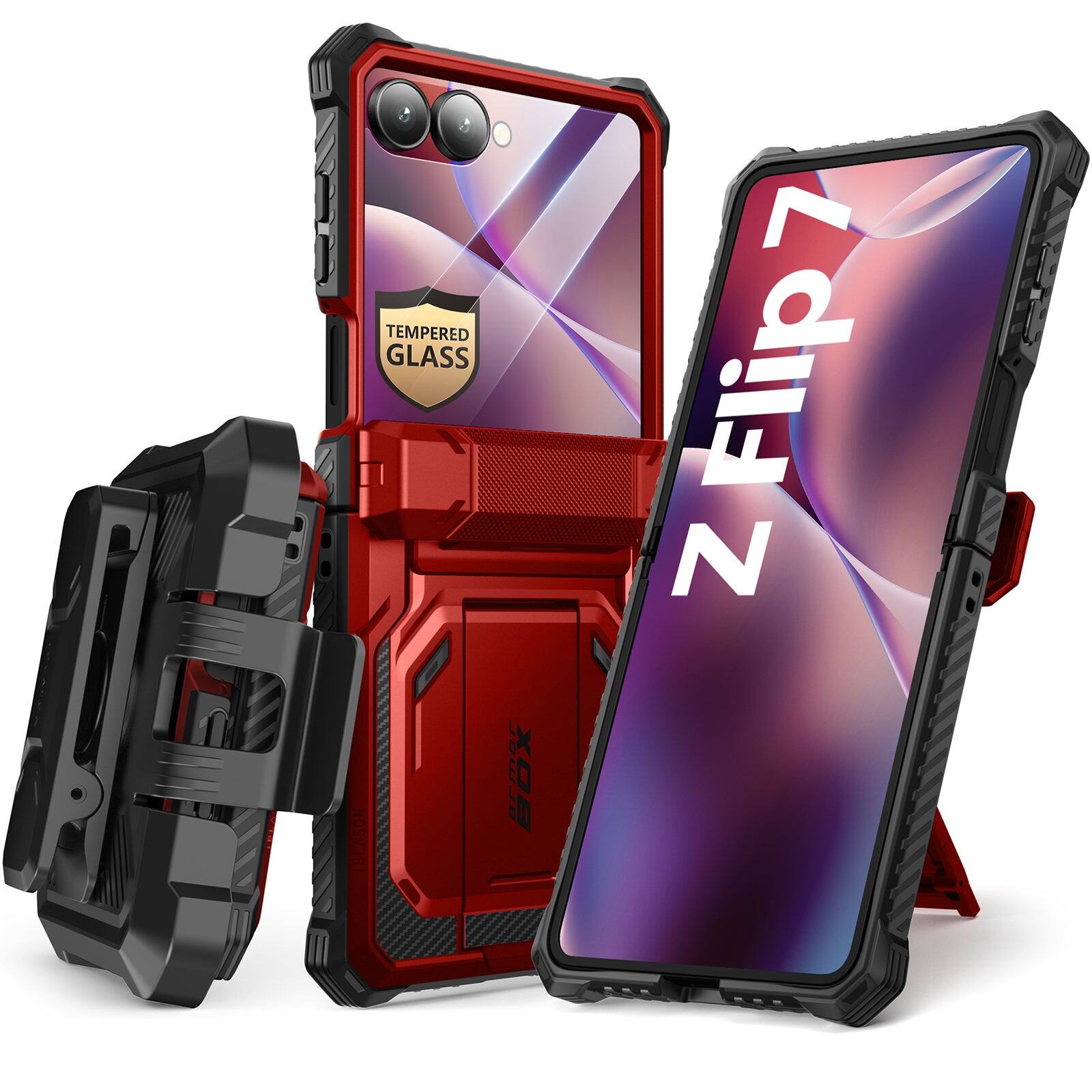 Angle. i-Blason - i-Blason Armorbox Case for Samsung Z Flip7 – Kickstand, Screen Protector, Military-Grade - Metallic Red.