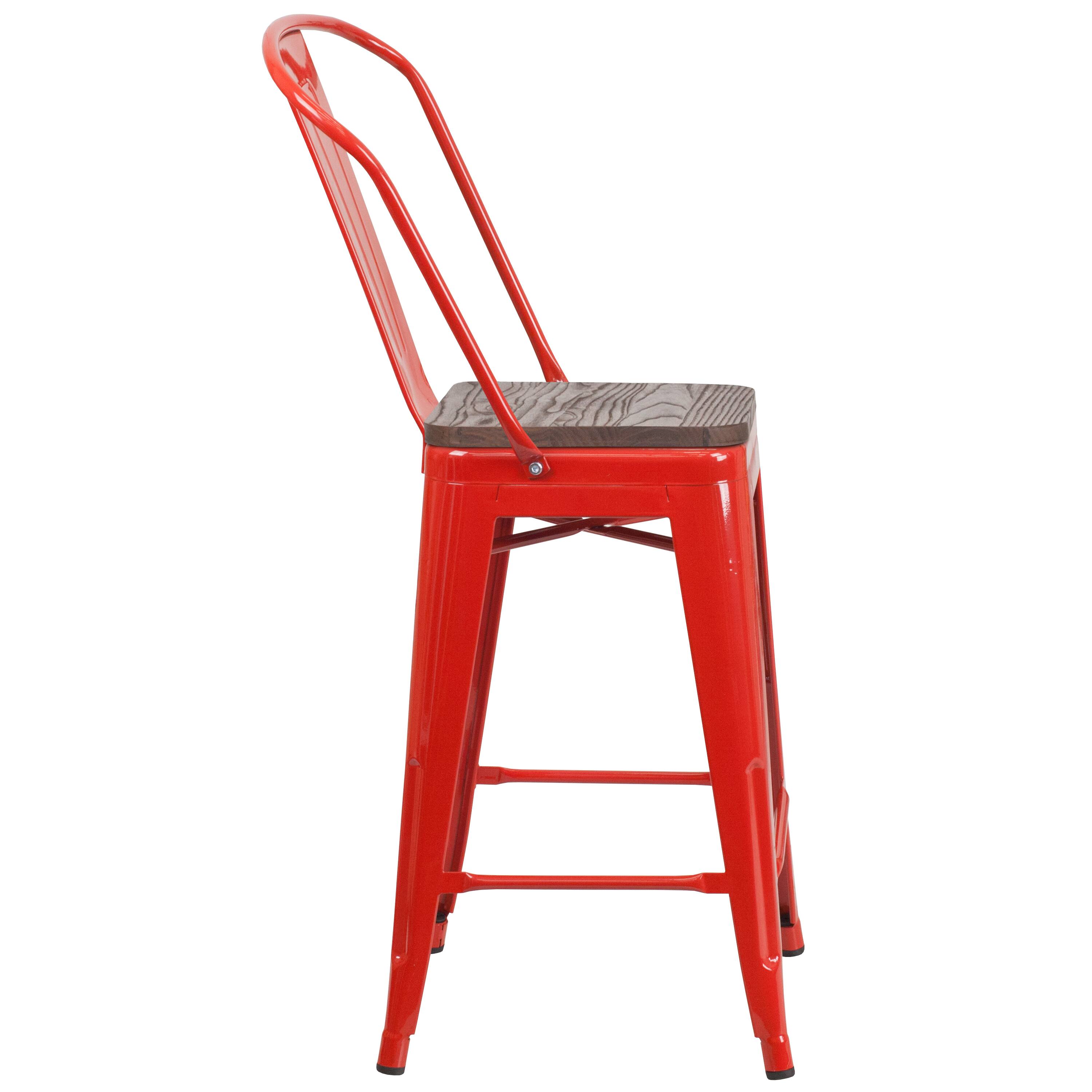 Alt View 4. Emma + Oliver - 24"H Metal Counter Height Stool with Back and Square Wood Seat - Red.