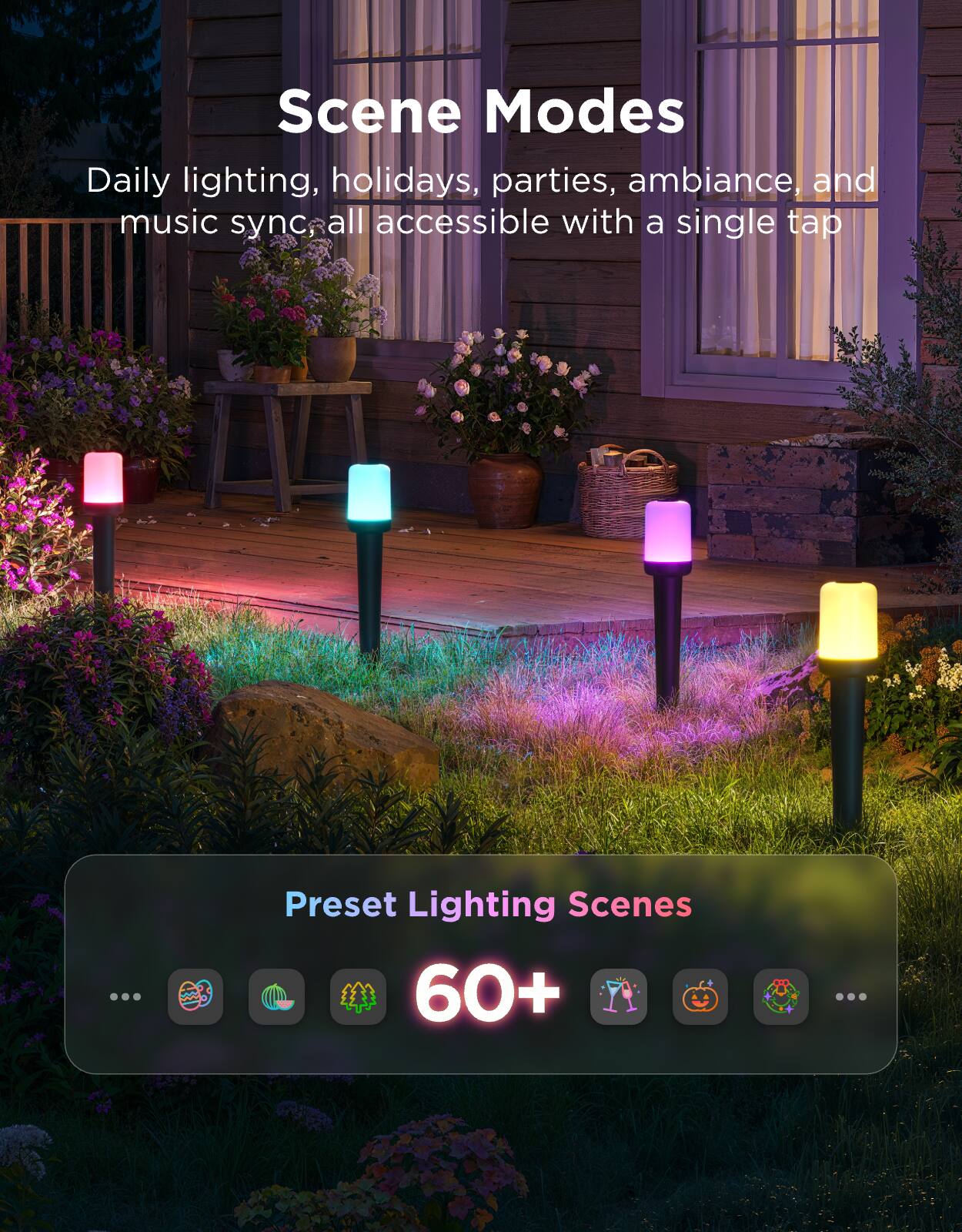 Scene Modes  
Daily lighting, holidays, parties, ambiance, and music sync all accessible with a single tap  

Preset Lighting Scenes  
60+