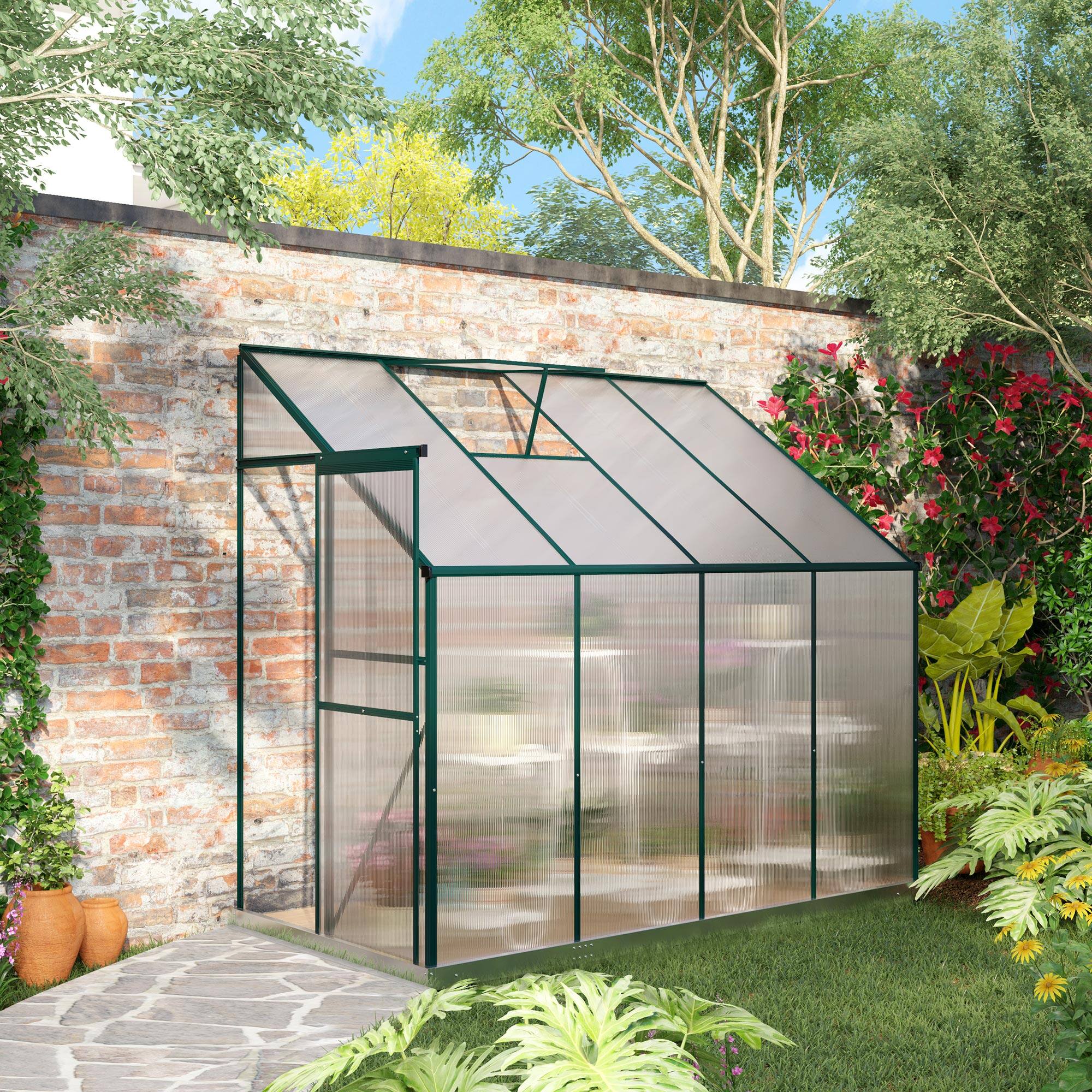 Alt View 1. Outsunny - 8' x 4' x 7' Hobby Greenhouse, Walk-in Lean-To Polycarbonate Hot House Kit with Aluminum Frame, Sliding Door, Roof Vent - Green.