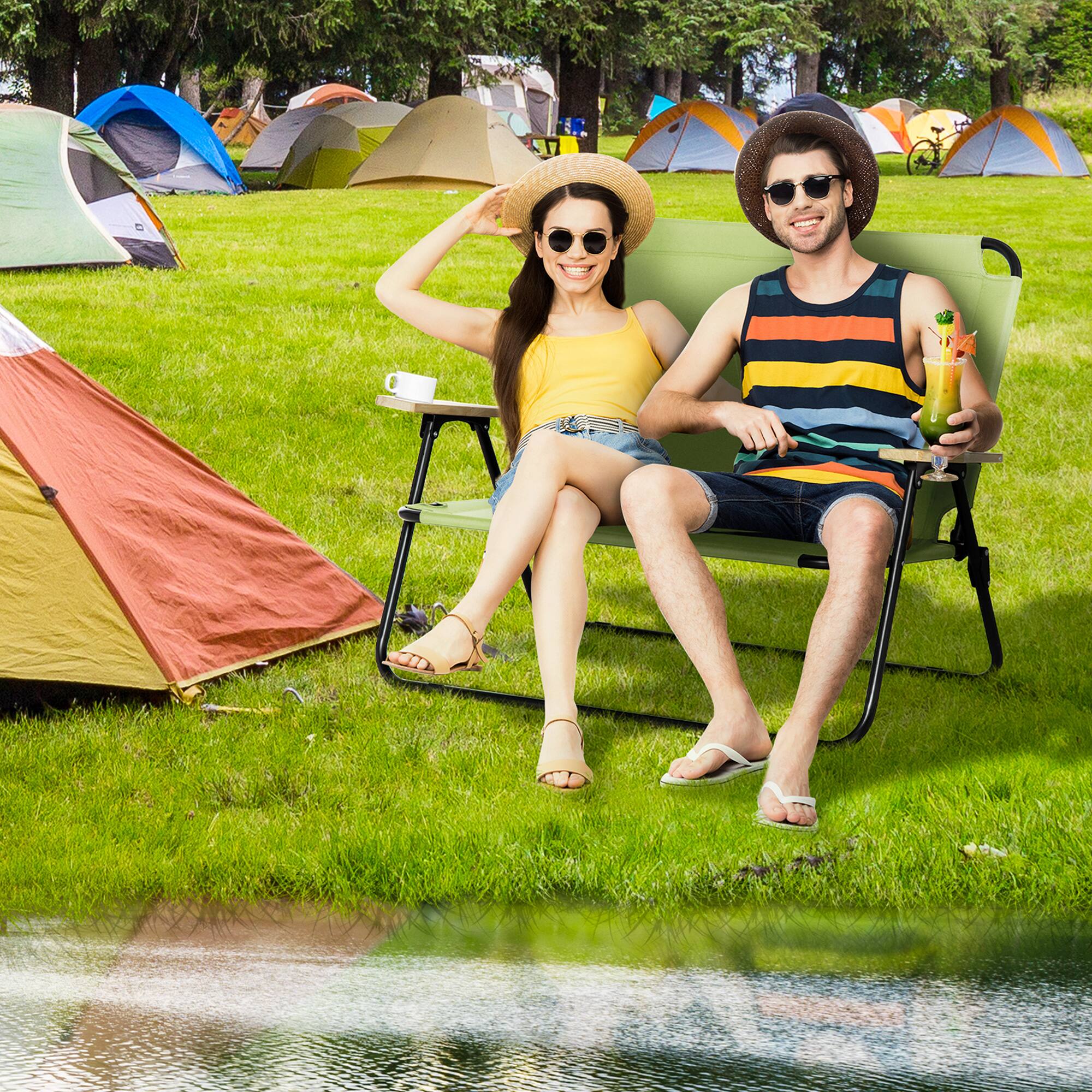 Alt View 1. Outsunny - Double Folding Camping Chair, Loveseat for 2 Adults, Portable Camping Couch with Wood Armrest & Cupholders - Green.