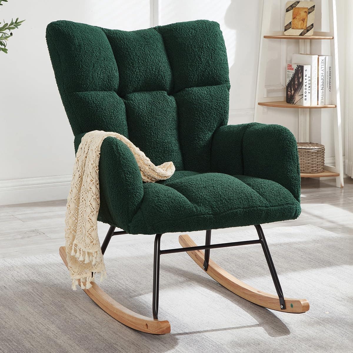 Trinkets Crazed - Tufted Upholstered Teddy Fabric Rocking Chair with Metal Frame Accent Chair Glider Chair for Living Room - Green