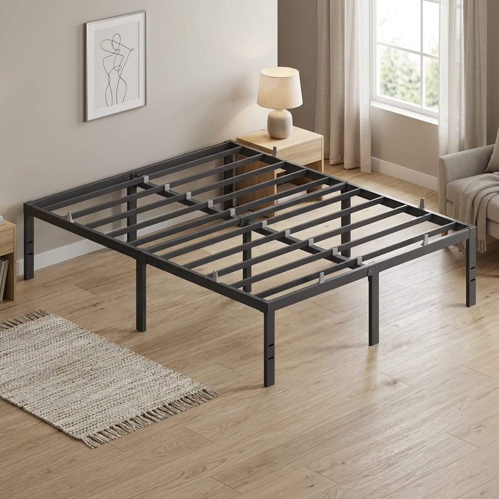 Songmics Home - Full Metal Bed Frame 16 Inches Tall, Heavy-Duty Platform Bed, with Under-Bed Storage - Matte Black