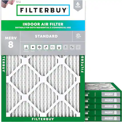 MADE IN THE USA
6 PACK FILTERBUY INDOOR AIR FILTER
SUITABLE FOR BOTH RESIDENTIAL & COMMERCIAL USE
MERV 8
STANDARD
- Pollen
- Mold
- Dust Mites
- Pet Dander
- Smoke
- Bacteria
- Odors
FILTERBUY