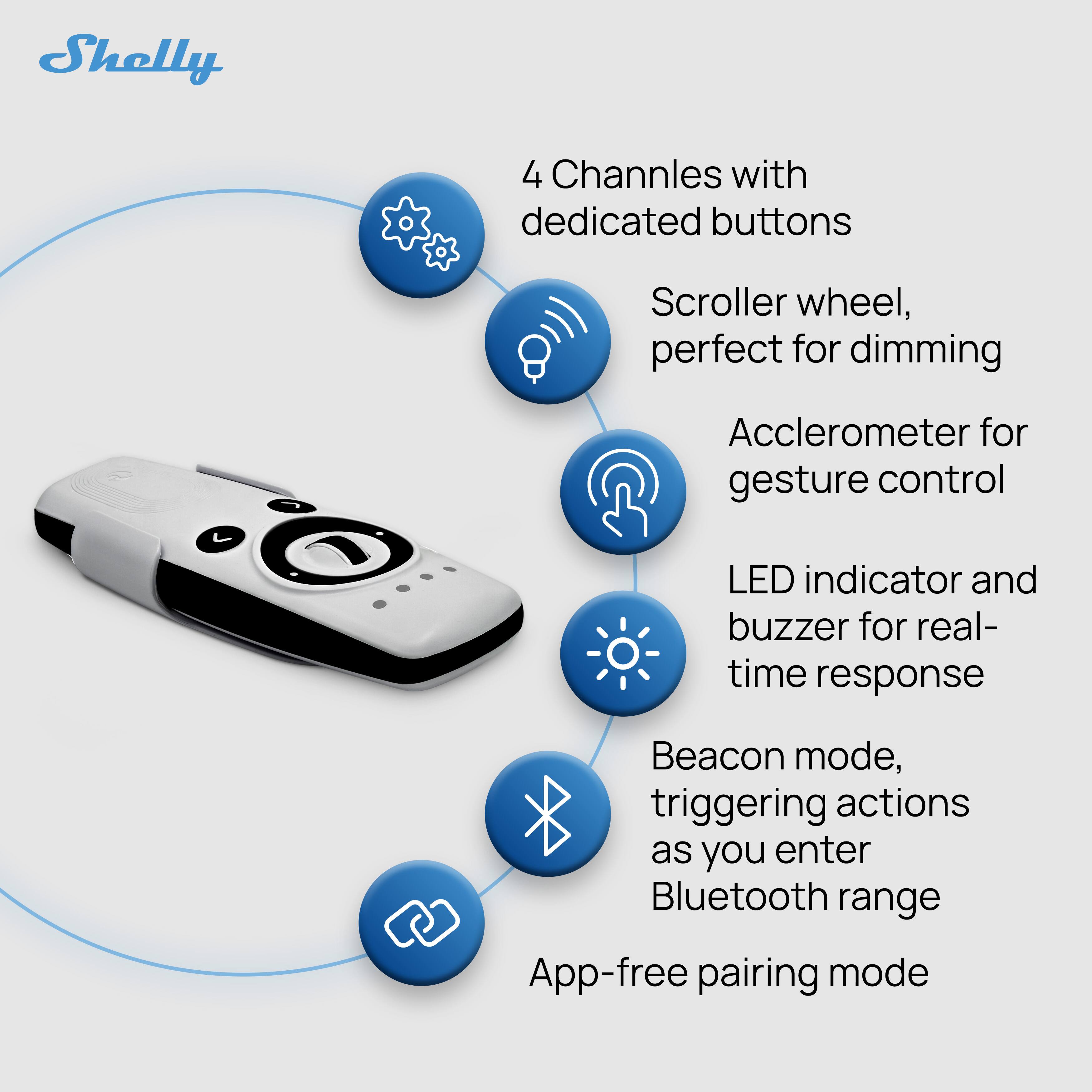 Shelly 4 Channels with dedicated buttons Scroller wheel, perfect for dimming Accelerometer for gesture control LED indicator and buzzer for real-time response Beacon mode, triggering actions as you enter Bluetooth range App-free pairing mode