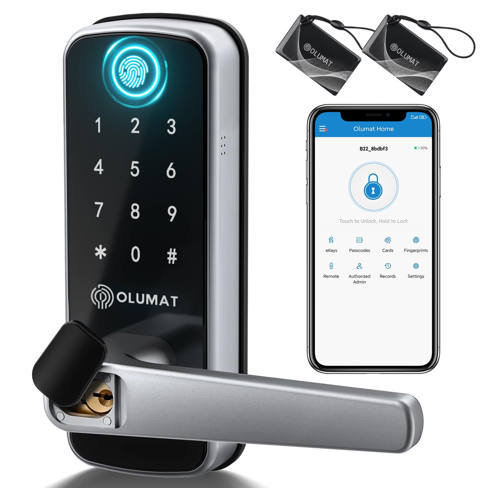 Olumat - Keyless Entry Smart Lock with Fingerprint & Keypad | App Control, Auto-Lock, Easy Installation - Silver