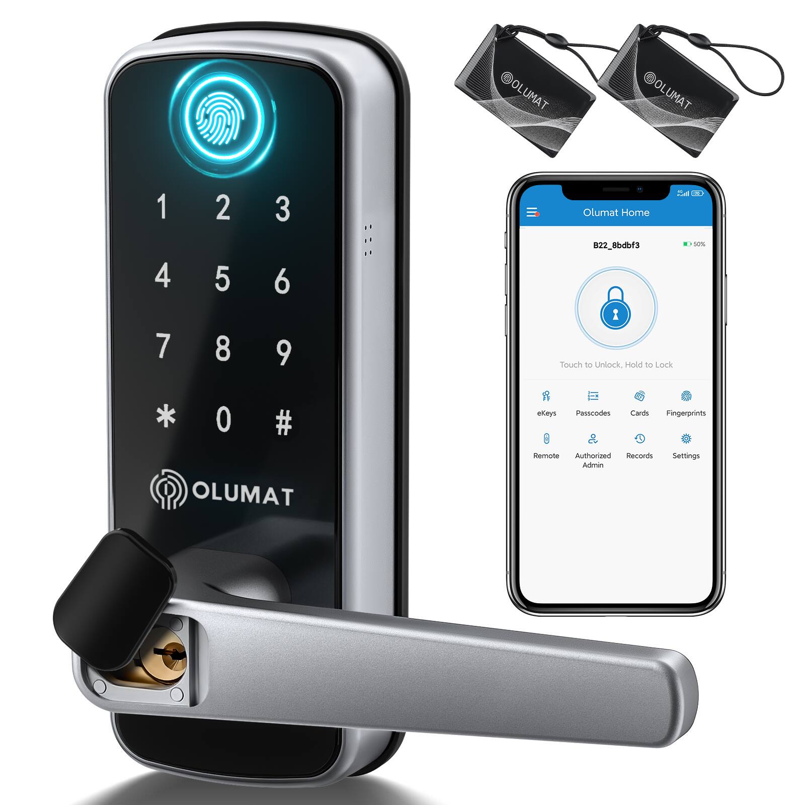 Olumat - Keyless Entry Smart Lock with Fingerprint & Keypad | App Control, Auto-Lock, Easy Installation - Silver