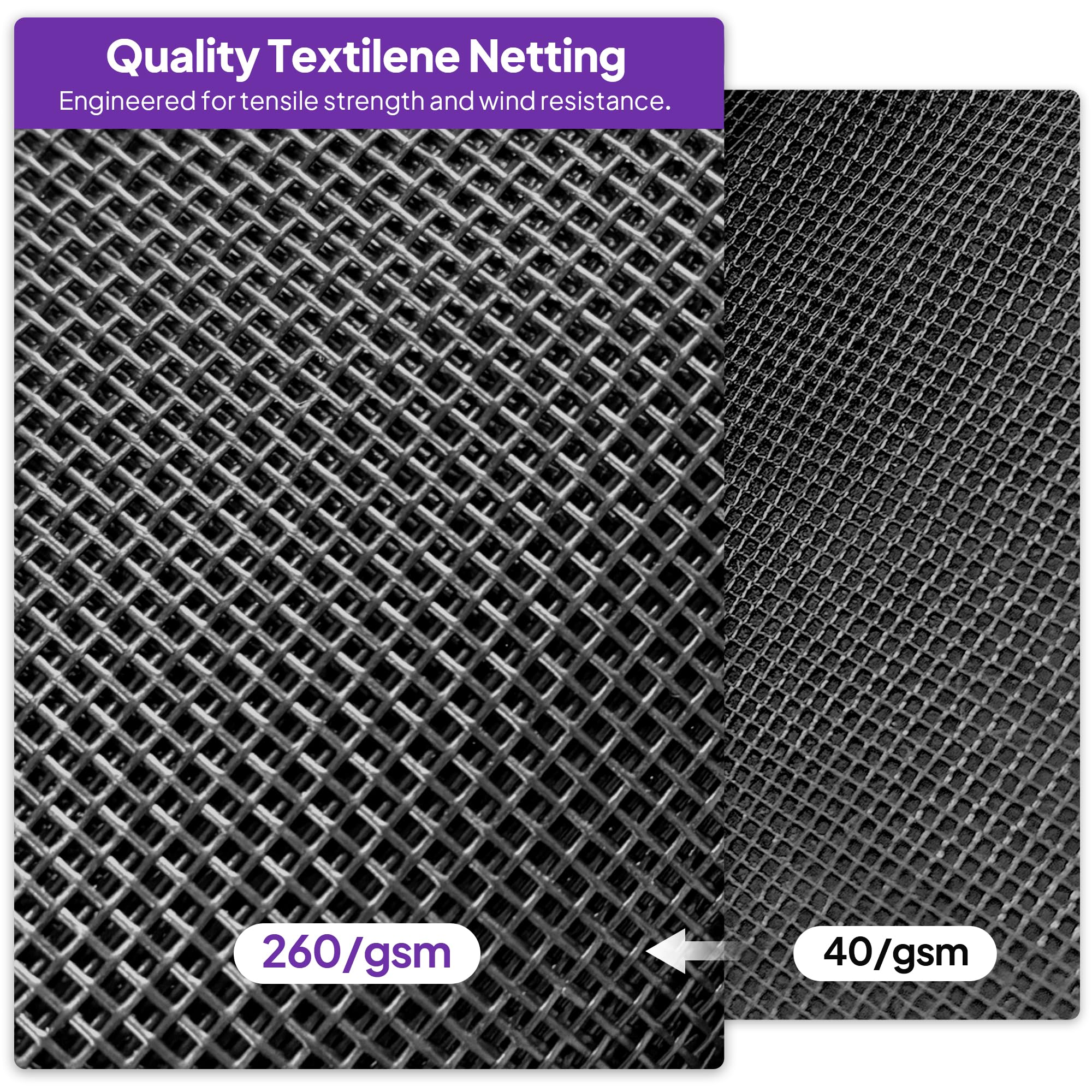 Quality Textilene Netting  
Engineered for tensile strength and wind resistance.  

260/gsm  
40/gsm