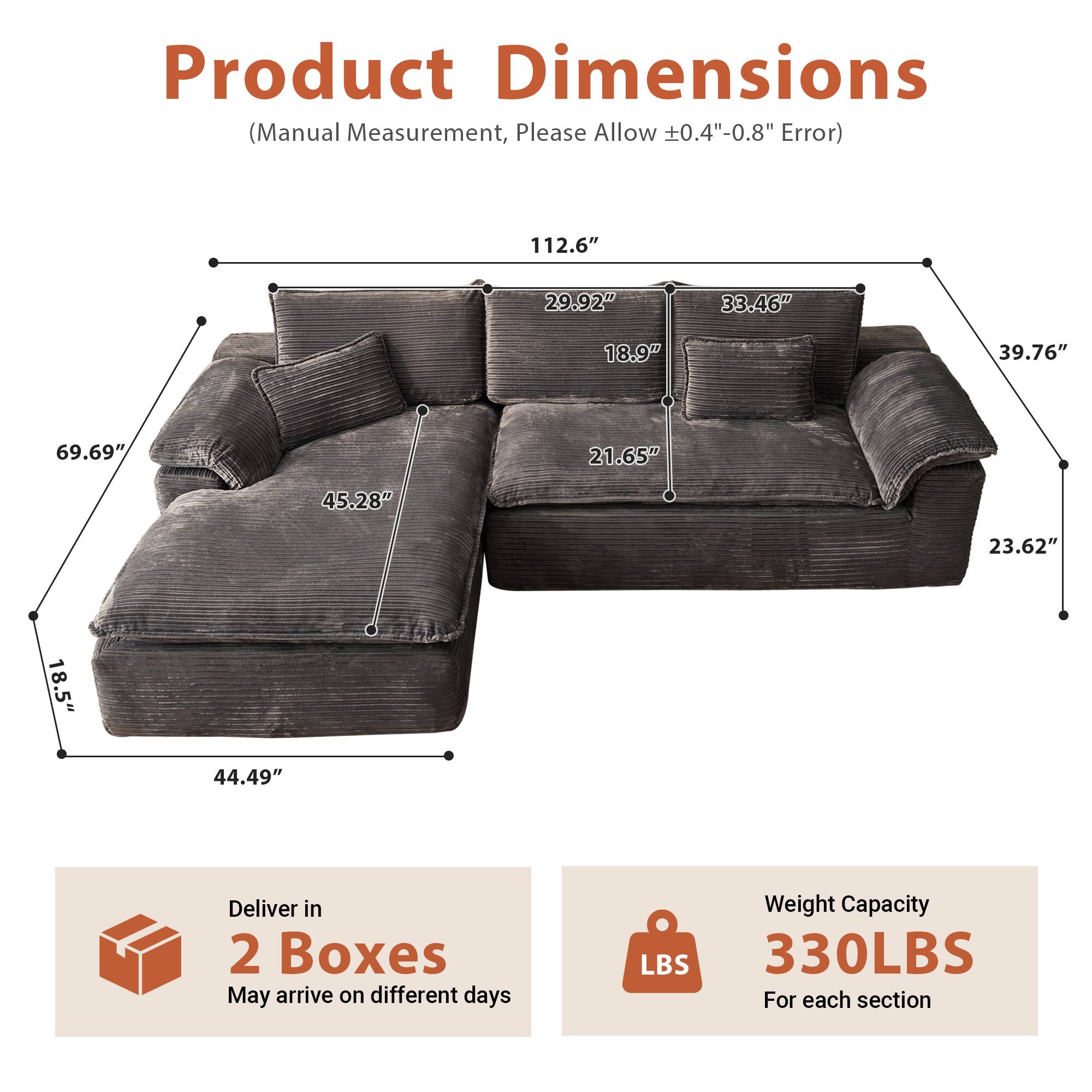 Product Dimensions  
(Manual Measurement, Please Allow ±0.4" - 0.8" Error)  

112.6"  
29.92"  
33.46"  
18.9"  
39.76"  
69.69"  
21.65"  
45.28"  
23.62"  
18.5"  
44.49"  

Deliver in 2 Boxes  
May arrive on different days  

Weight Capacity  
330LBS  
For each section