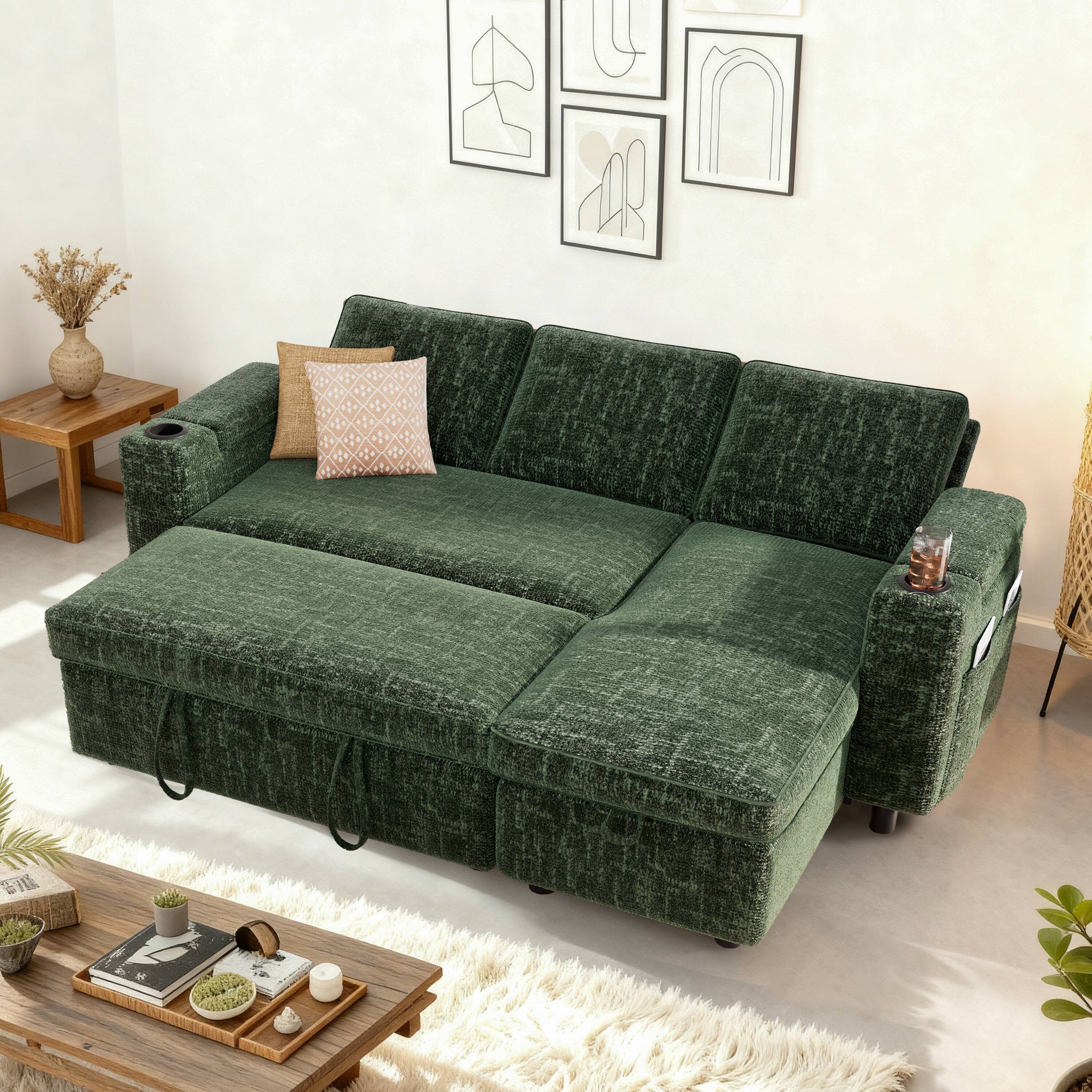 Angle. Dyonery - 82" Green Chenille L Shaped Sectional Sleeper Sofa Bed with Pull Out Bed,Reclining Backrest,Reversible Storage Chaise - Green.