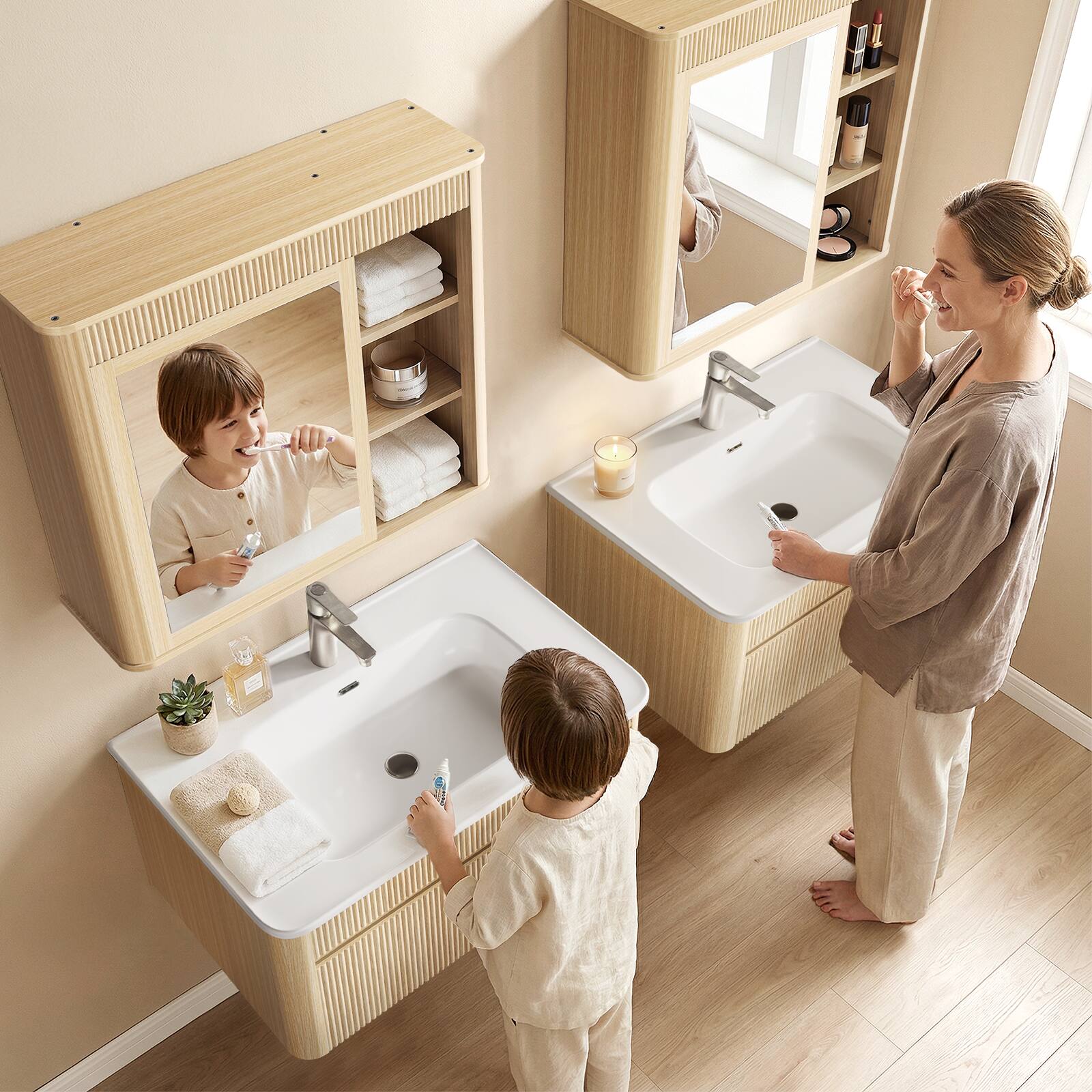 Alt View 2. ModernMate - 30" Single Wall-Mounted Bathroom Vanity Set with Mirror Cabinet, Soft-Close Doors, Solid Wood Legs - Natural Oak.