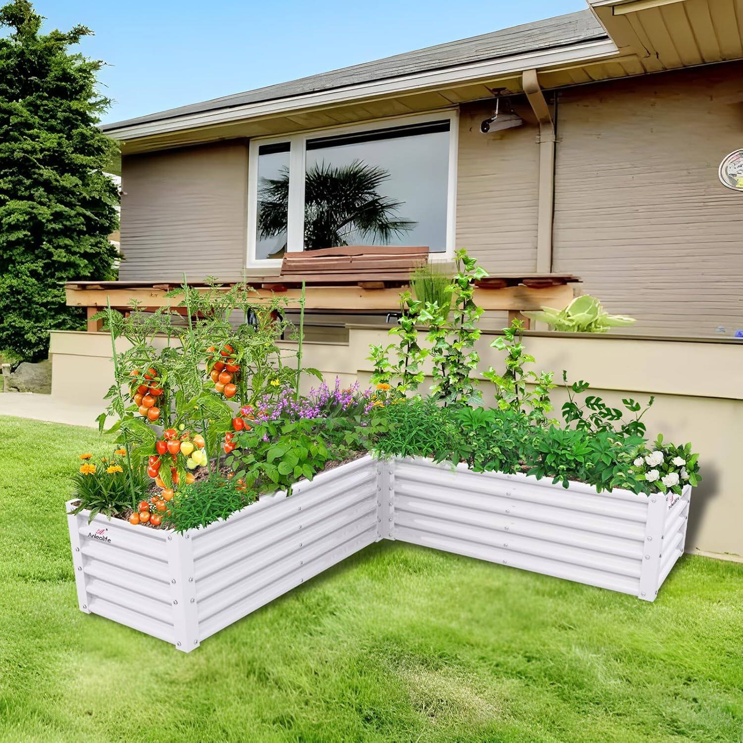 Angle. A Anleolife - 4-Pack White Metal Rectangular L-Shaped Raised Garden Bed Planter Box for Vegetables (74 in. L x 74 in. W x 18 in. H) - White.