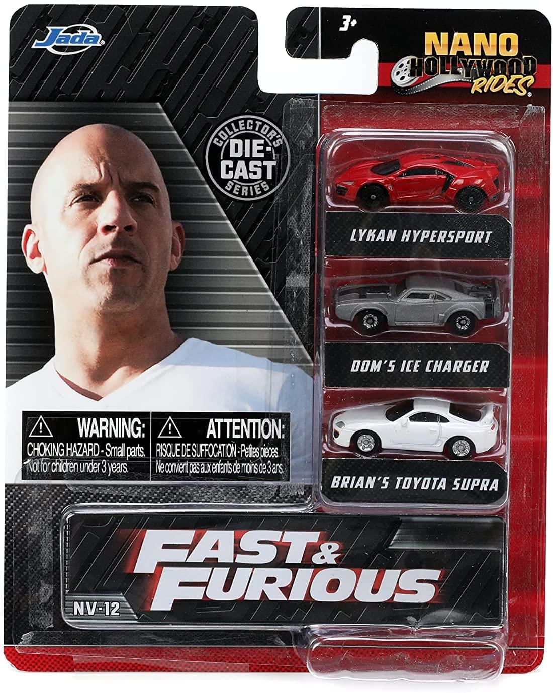 Jada Collectors Die Cast Series 3+ Nano Hollywood Rides.  
Lykan Hypersport  
Dom's Ice Charger  
Brian's Toyota Supra  

Warning: Choking Hazard - Small parts. Not for children under 3 years.  
Attention: Risque de suffocation - Petites pièces. Ne convient pas aux enfants de moins de 3 ans.  

Fast & Furious  
NV-12