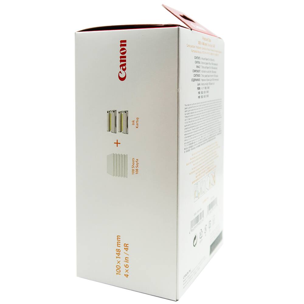 Canon Ink Cartridges + Sheets  
108 Sheets  
100x148mm  
4x6in/4R  

Canon  
100x148mm  
4x6in/4R  

108 Sheets