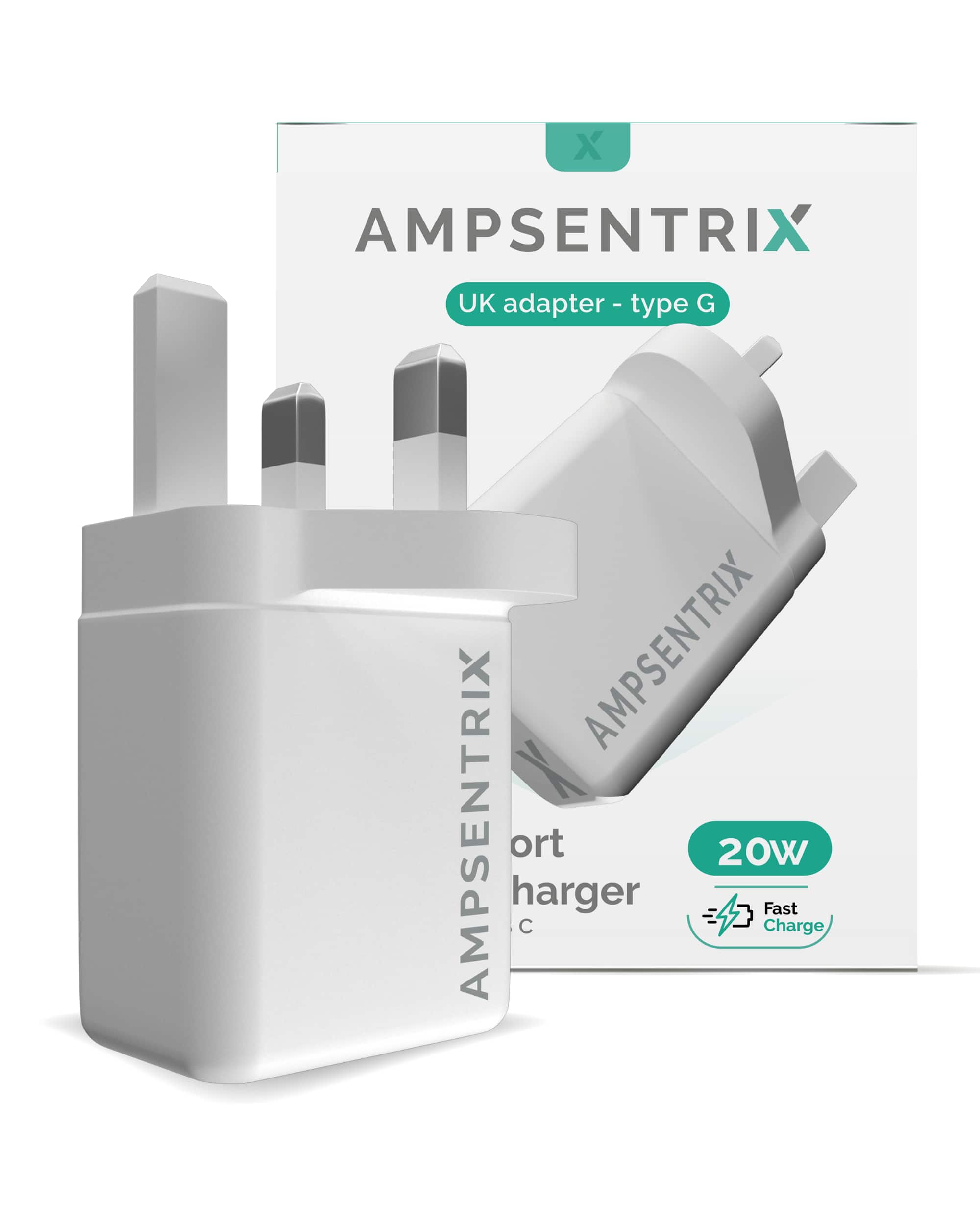 Ampsentrix - 2 Plug 20W USB Type C And USB Type A Wall Power Adapter (220V UK)