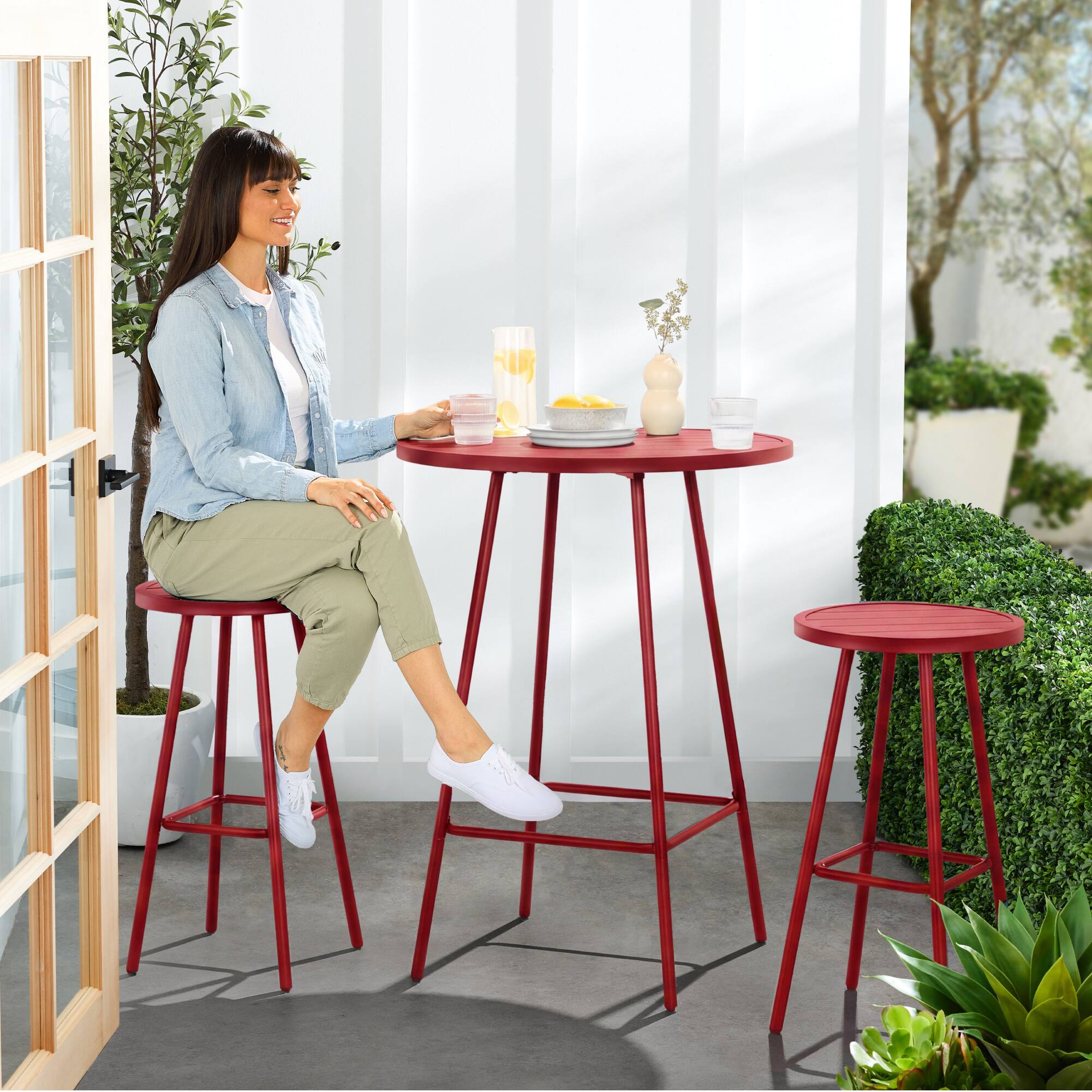 Alt View 8. Best Choice Products - Best Choice Products 3-Piece Steel Patio Bar Height Round Bistro Set w/ Backless Stools, Slatted Design - Red - Red.