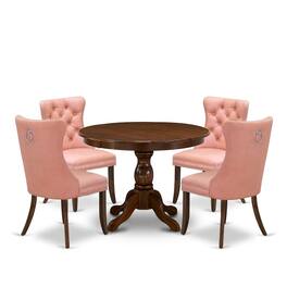 East West Furniture - 5 Piece Dining Room Furniture Set Consists of a Round Solid Wood Table - Antique Walnut