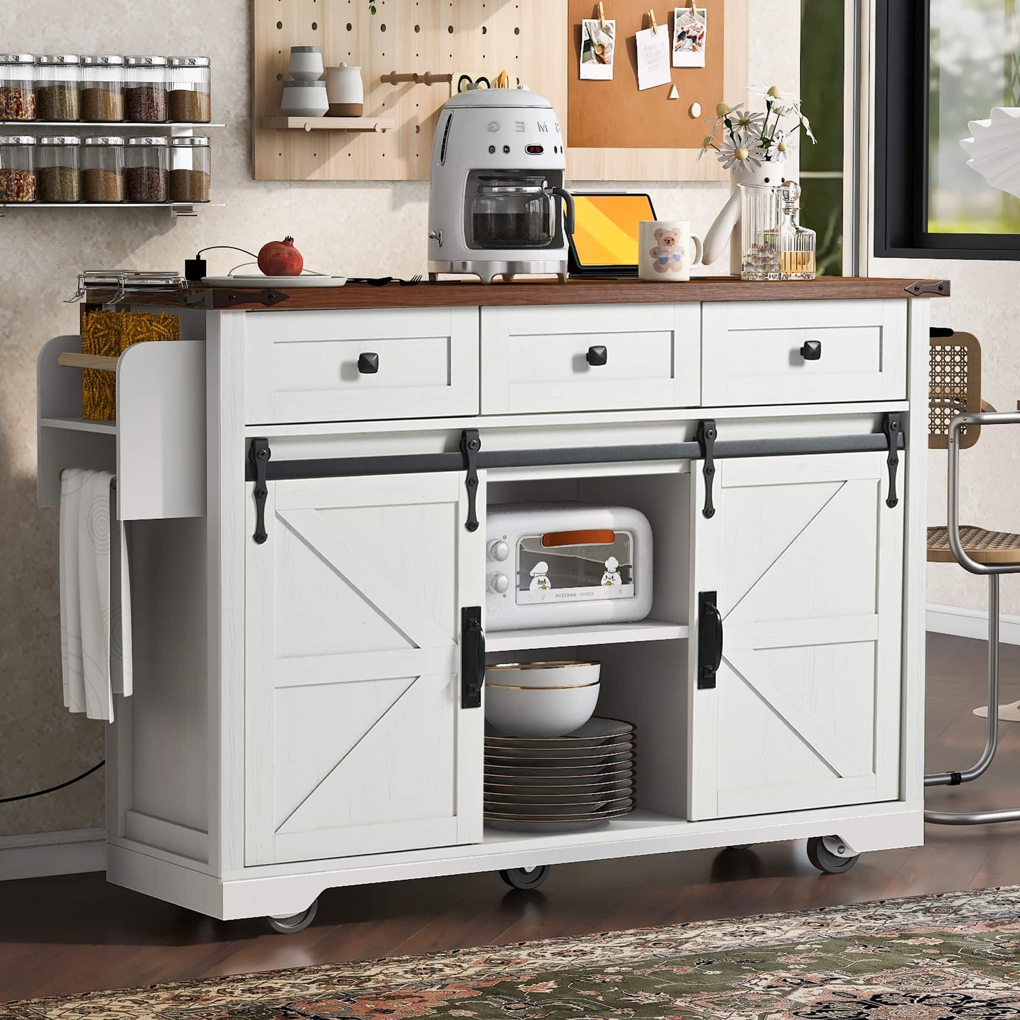 Alt View 4. Ecooso - 53.7" Large Farmhouse Kitchen Island, Sliding Barn Doors, Built-in Outlets, and Ample Storage on Lockable Wheels - White.