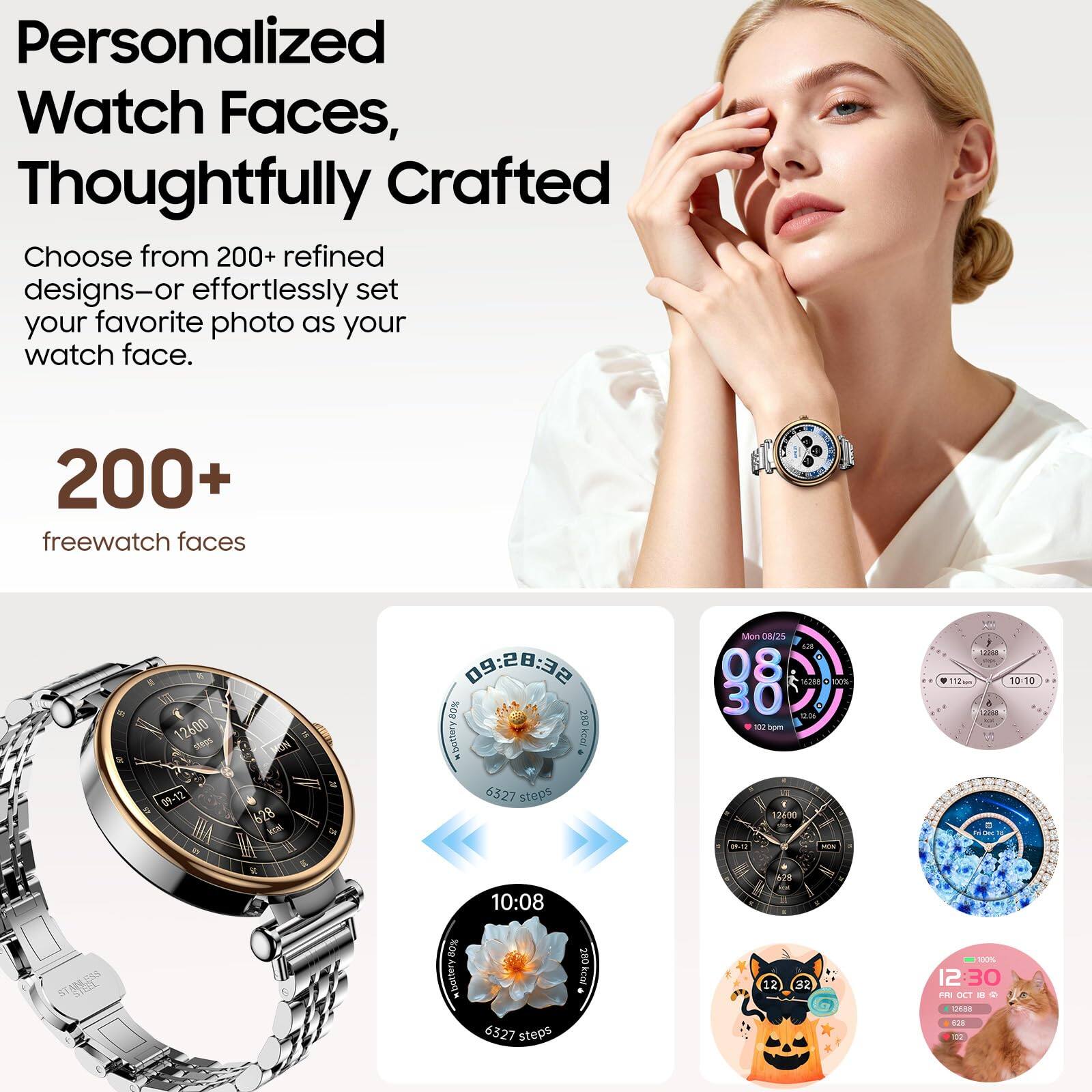 Personalized Watch Faces, Thoughtfully Crafted  
Choose from 200+ refined designs—or effortlessly set your favorite photo as your watch face.  

200+ freewatch faces