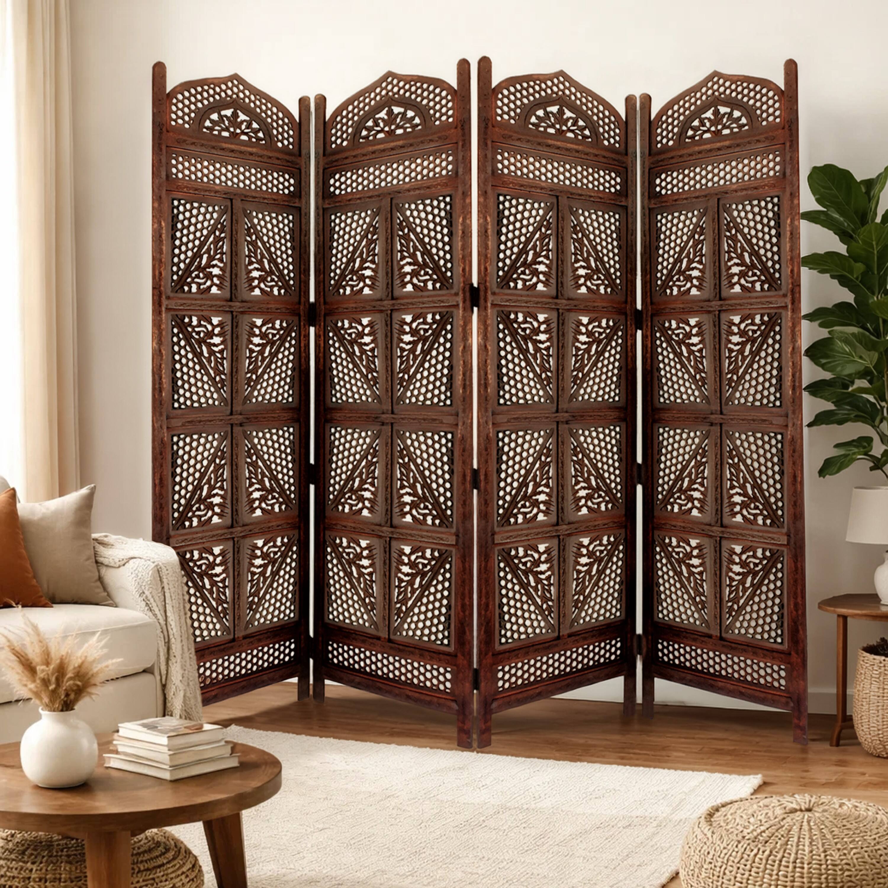 Alt View 9. Manhattan Lane - Traditional Four Panel Wooden Room Divider with Hand Carved Details - Brown.