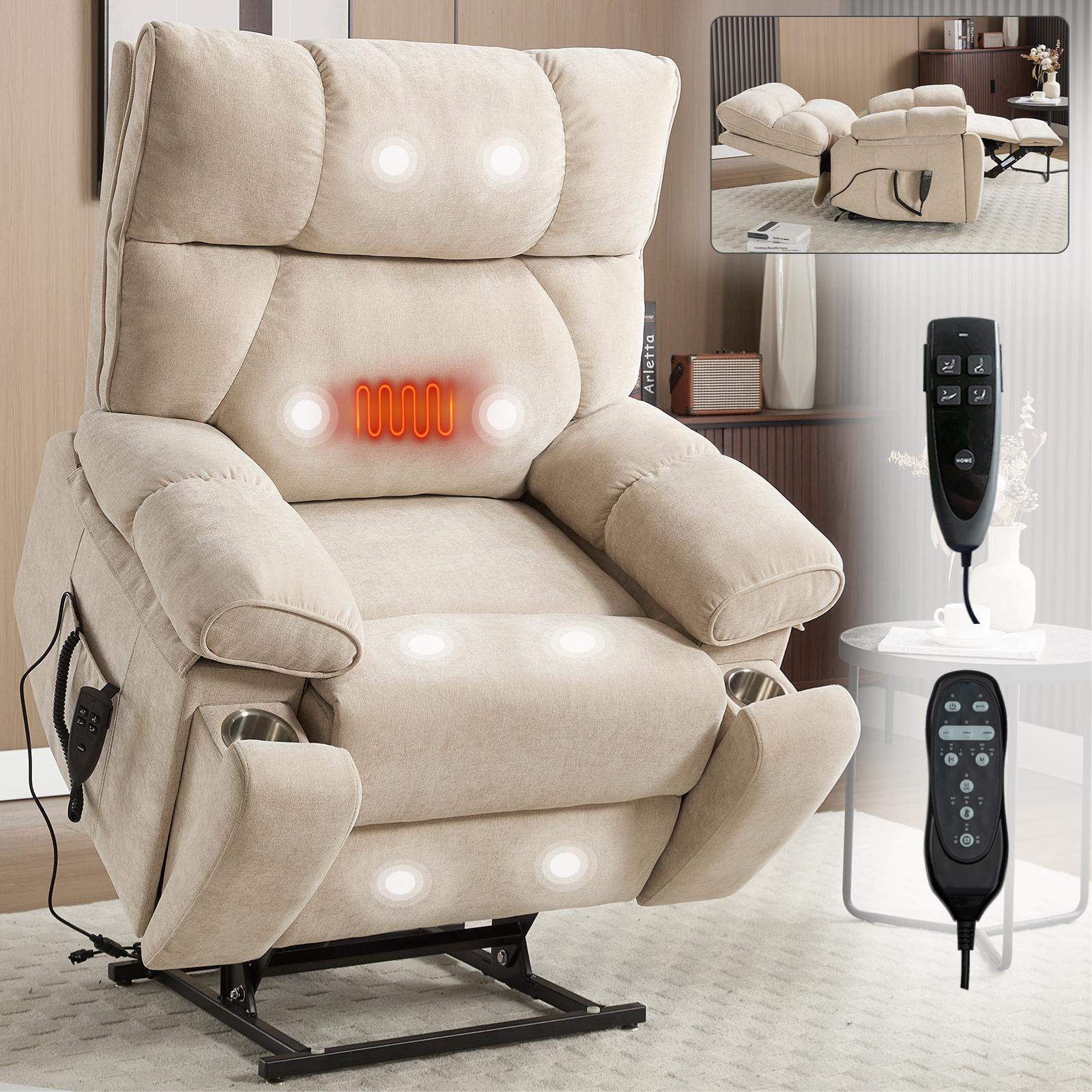 Back. Roomtec - Beige Heat Massage Dual Motor Infinite Position Up to 350 LBS Large Electric Power Lift Recliners with Hidden Cup - Beige.