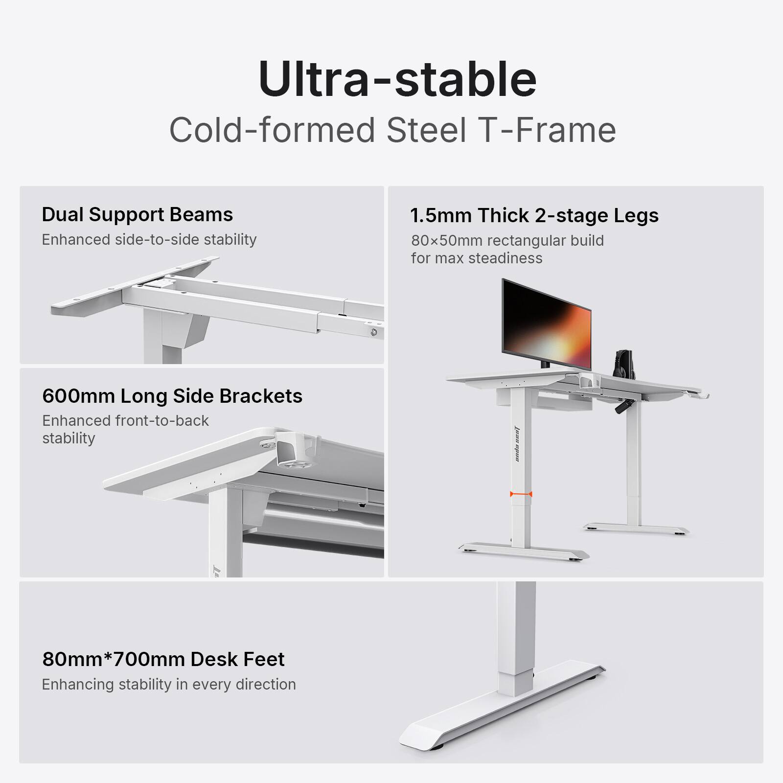 Ultra-stable Cold-formed Steel T-Frame

Dual Support Beams
Enhanced side-to-side stability

1.5mm Thick 2-stage Legs
80x50mm rectangular build for max steadiness

600mm Long Side Brackets
Enhanced front-to-back stability

80mm*700mm Desk Feet
Enhancing stability in every direction