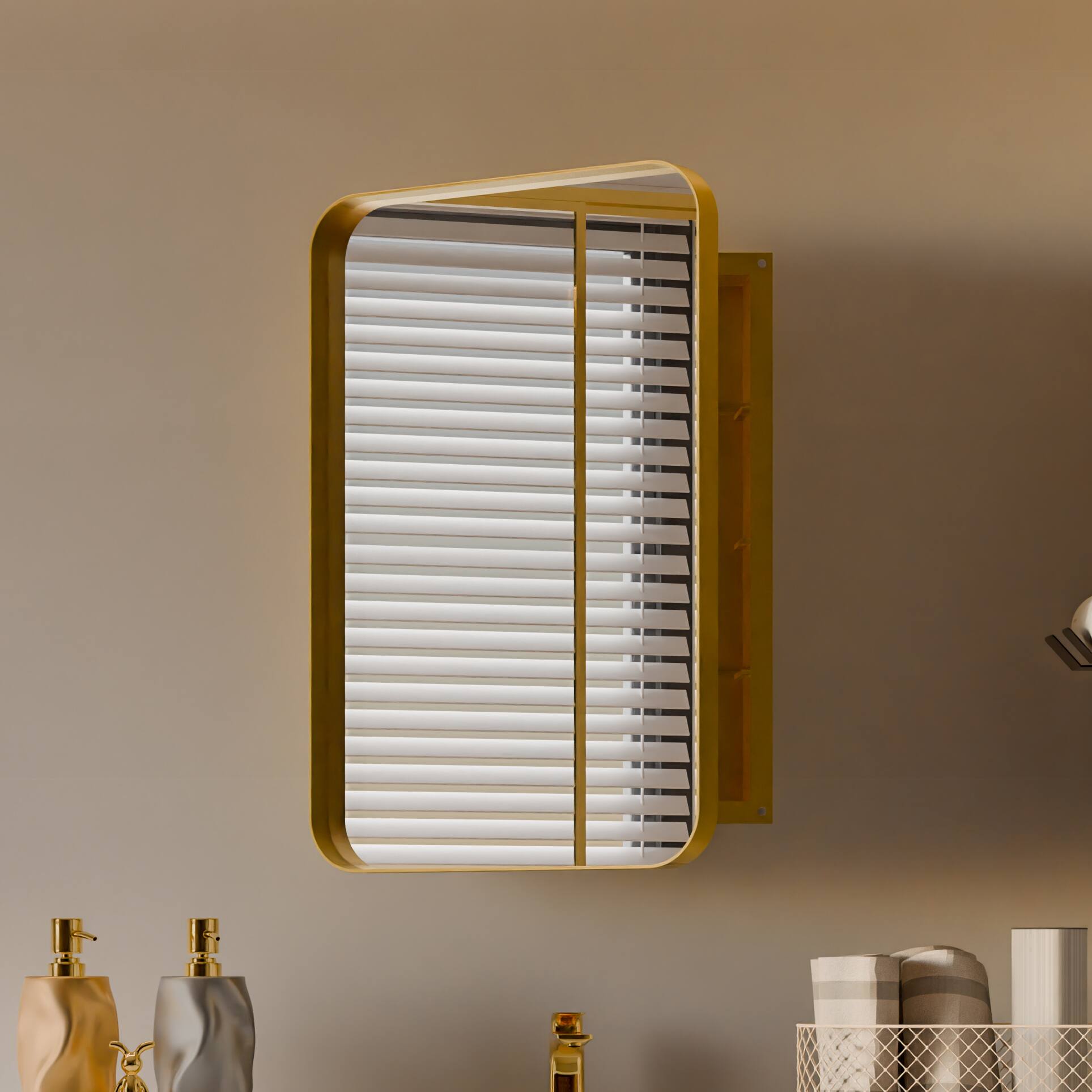 Angle. TinyHomie - 20x30Inch Recessed Metal Framed Medicine Cabinet with Mirror and Adjustable Shelves Black Wall Mirror with Storage - Gold.