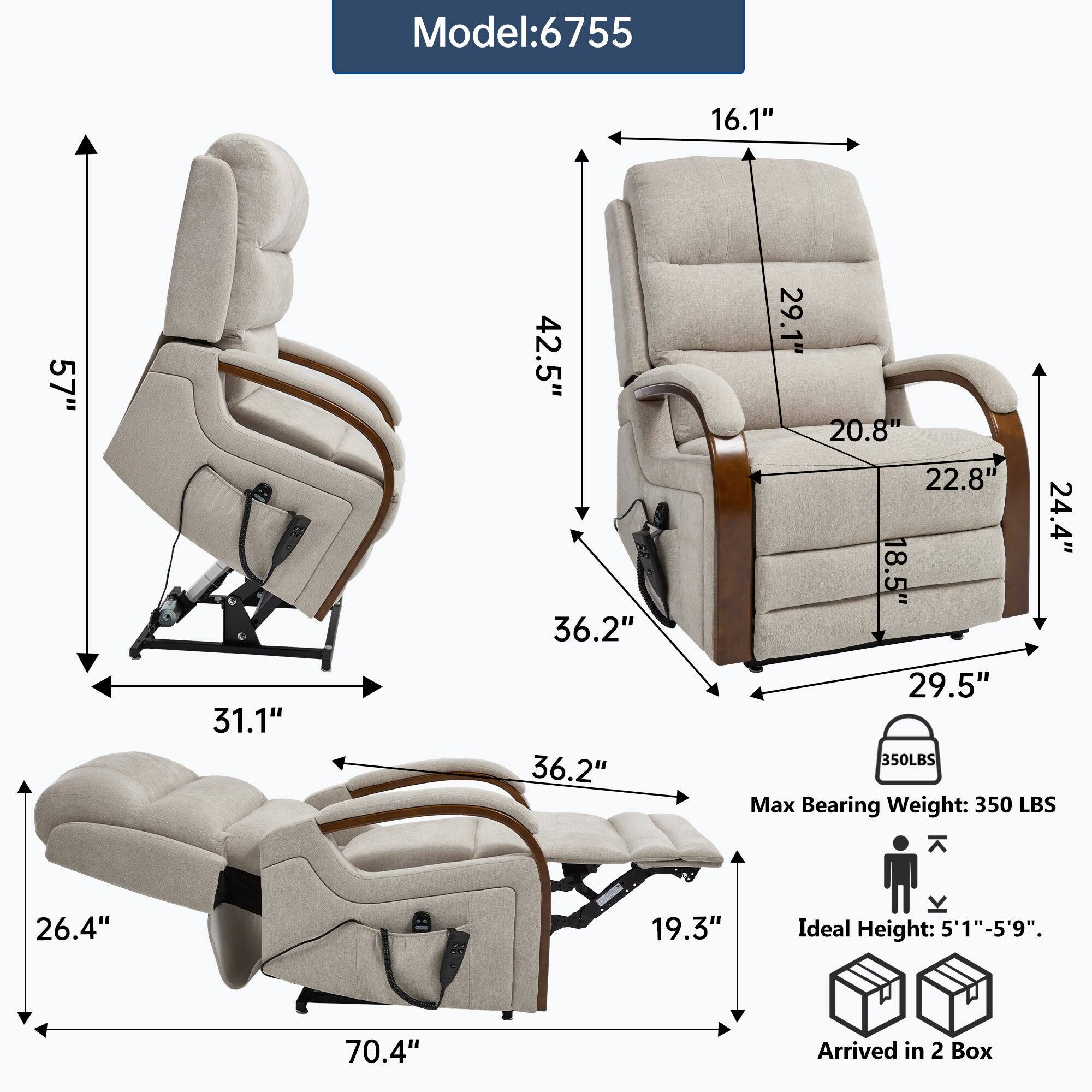 Model: 6755

- Height: 57"
- Width: 36.2"
- Depth: 31.1"
- Seat Height: 20.8"
- Seat Width: 22.8"
- Seat Depth: 24.4"
- Back Height: 42.5"
- Back Width: 29.1"
- Armrest Height: 16.1"
- Armrest Width: 29.5"
- Footrest Height: 26.4"
- Footrest Width: 36.2"
- Overall Length: 70.4"
- Overall Width: 36.2"
- Overall Depth: 19.3"

Max Bearing Weight: 350 LBS

Ideal Height: 5'1" - 5'9"

Arrived in 2 Box