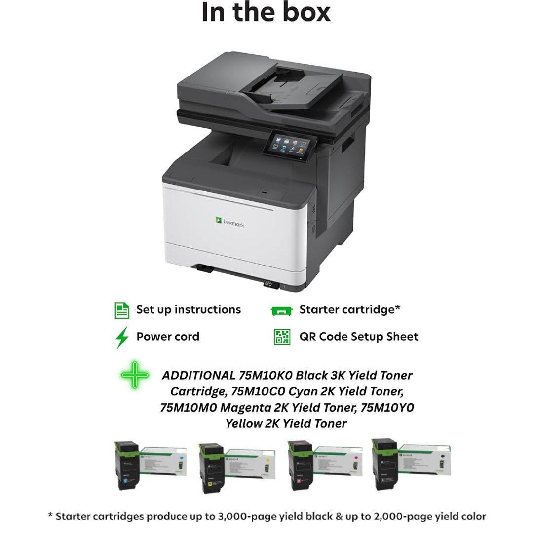 In the box

Lexmark

Set up instructions

Starter cartridge*

Power cord

QR Code Setup Sheet

ADDITIONAL 75M10KO Black 3K Yield Toner Cartridge, 75M10CO Cyan 2K Yield Toner, 75M10MO Magenta 2K Yield Toner, 75M10YO Yellow 2K Yield Toner

* Starter cartridges produce up to 3,000-page yield black & up to 2,000-page yield color