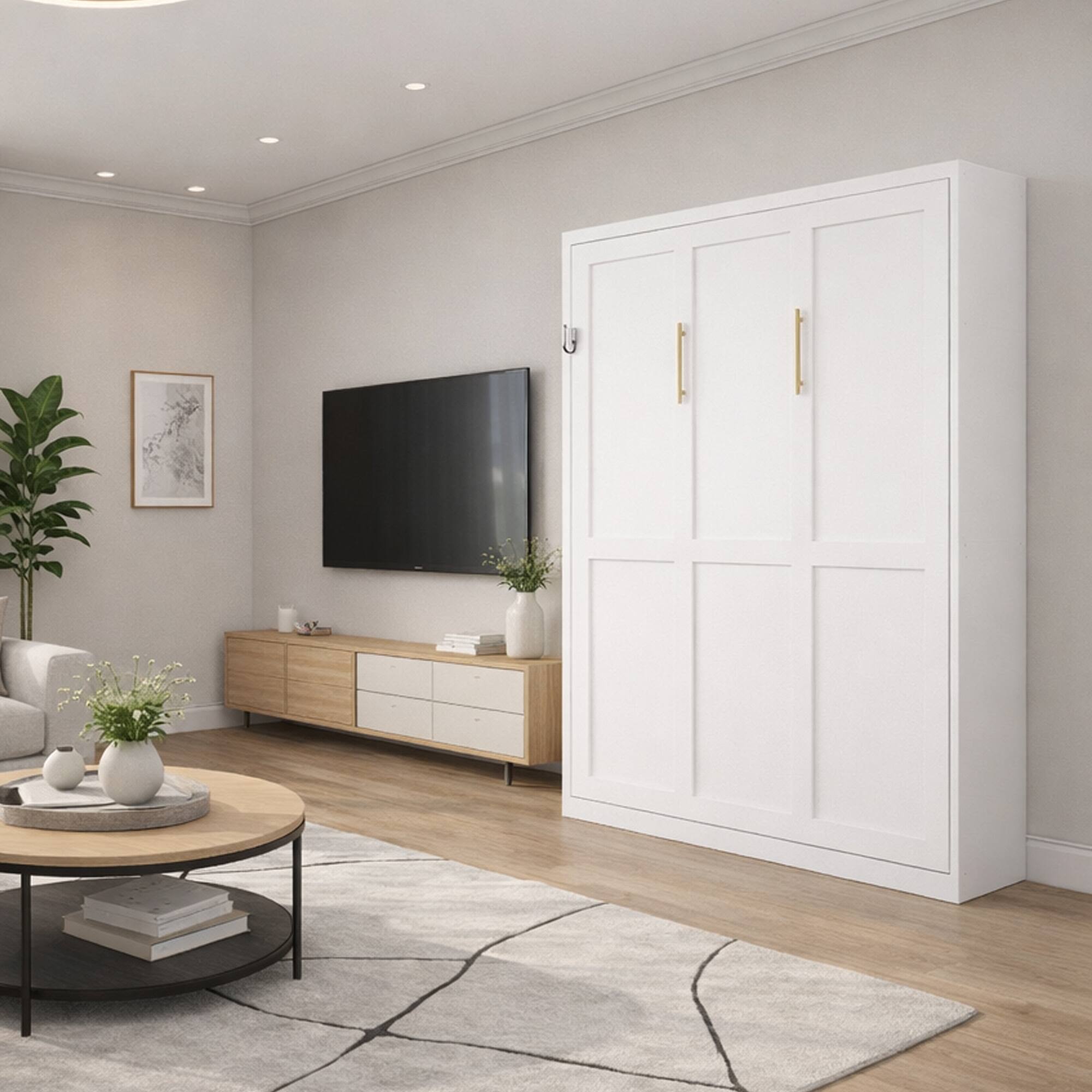 Back. Anysun - Queen Murphy Wall Bed - Vertical Folding Design, Space-Saving Standard Bed Frame for Living Room - White.