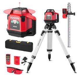 VEVOR - Rotary Laser Level Kit, 1650ft 360-Degree Self Leveling Red Horizontal Laser Transit,with Heavy-duty Tripod, Receiver - Red + Black