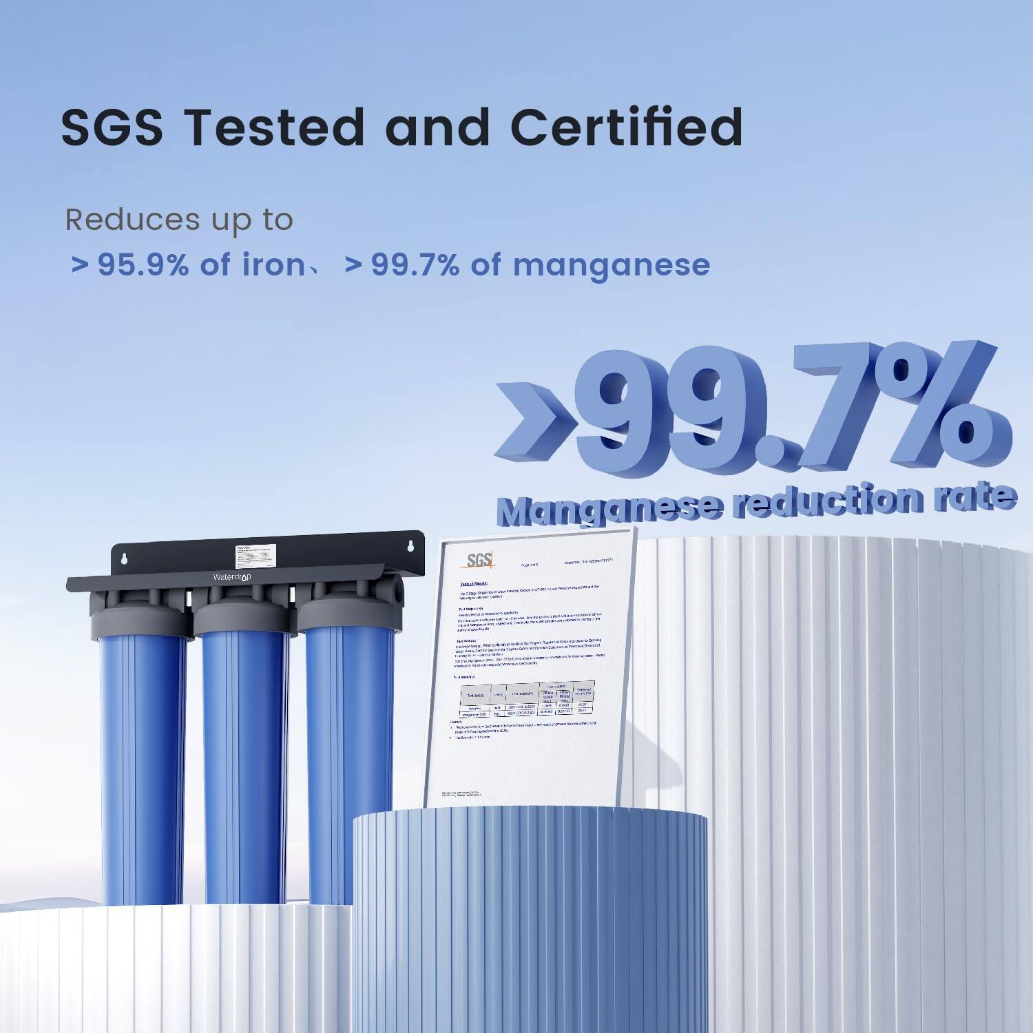 SGS Tested and Certified

Reduces up to >95.9% of iron, >99.7% of manganese

>99.7% Manganese reduction rate

SGS Viterrago