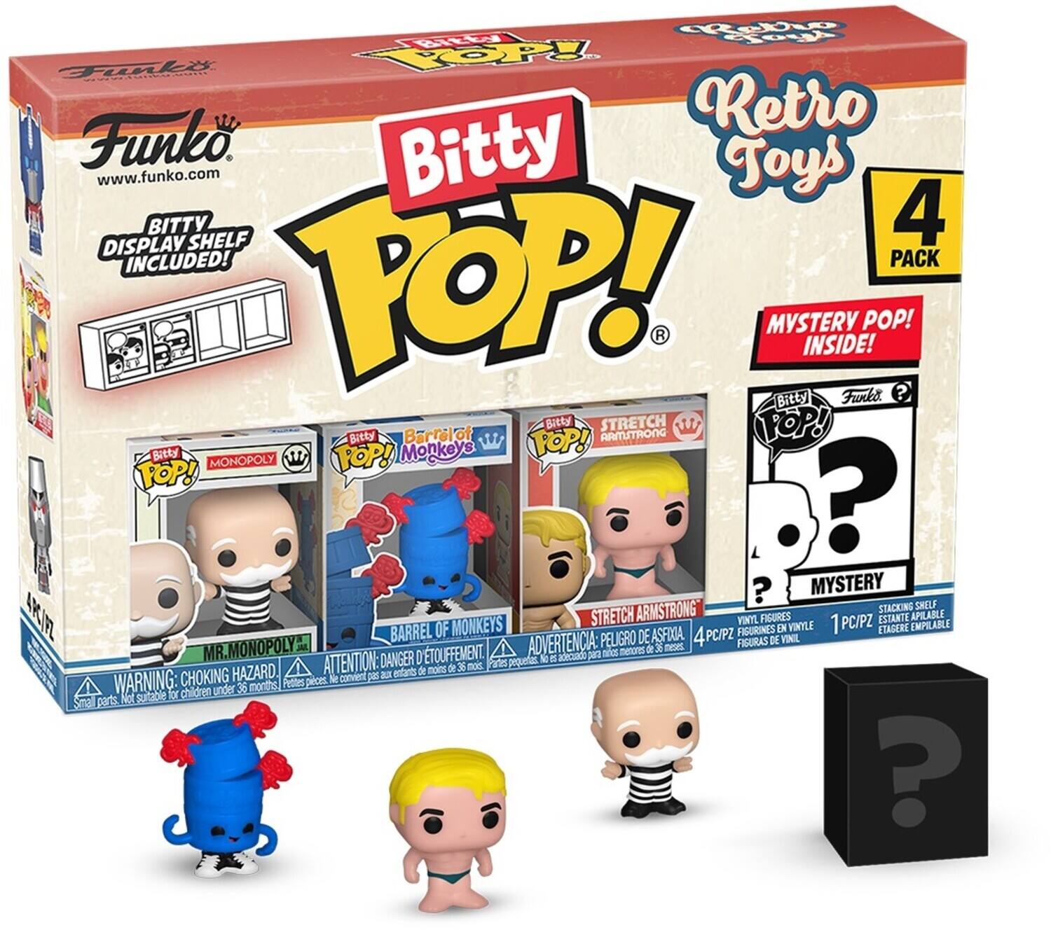 R So dt FUnk wacum TOPy Funko. Retro www.funko.com Bitty Toys DISPLAY BITTY SHELF 4 INCLUDED! PACK POP! MYSTERY INSIDE! Funko POP! ? Bitty STRETCH ARMSTRONG POP! Bitty MONOPOLY POP! Barrel of MONKEYS POP! ? ? MYSTERY STACKING SHELF J 25 STRETCH ARMSTRONG VINYL FIGURES PC/PZ ESTANTE APRLABLE BARREL OF MONKEYS ASFIXIA FIGURINES EN VINYLE 1 ETAGERE EMPILABLE ADVERTENCIA: PELIGRO DE 4 4PC/PZ FIGURAS DE VINIL MONOPOLY MAL menores de 3 meses. MR. DANGER D TOUFFEMENT. pequetas M  adiecuado pan nics HAZARD. ATTENTION a entarnts de mons de 36 nos. 2tes CHOKING Ne convient  WARNING: 36 months Petites pices for children under Smal parts, Not guitabie ?