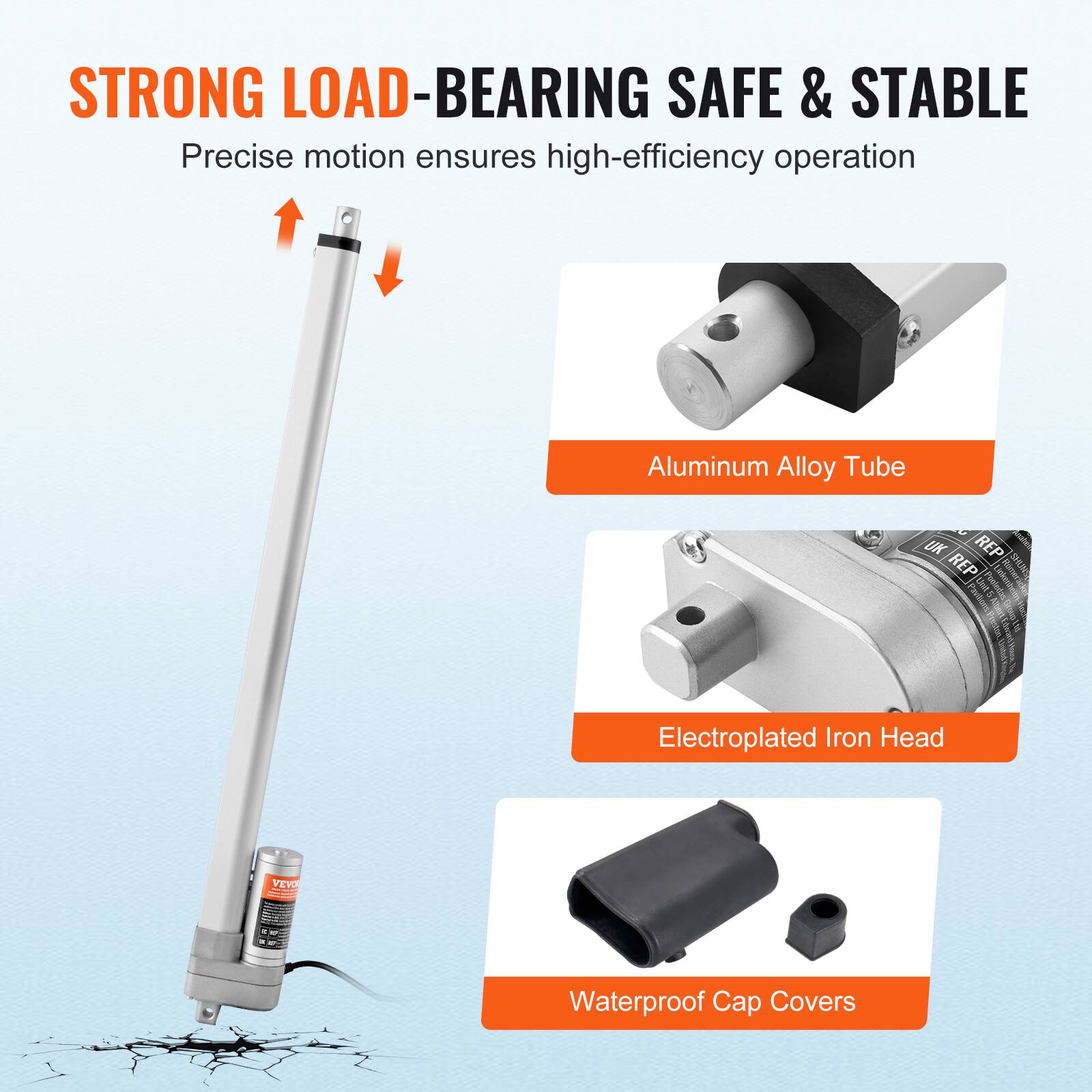 STRONG LOAD-BEARING SAFE & STABLE  
Precise motion ensures high-efficiency operation  
Aluminum Alloy Tube  
Electroplated Iron Head  
Waterproof Cap Covers