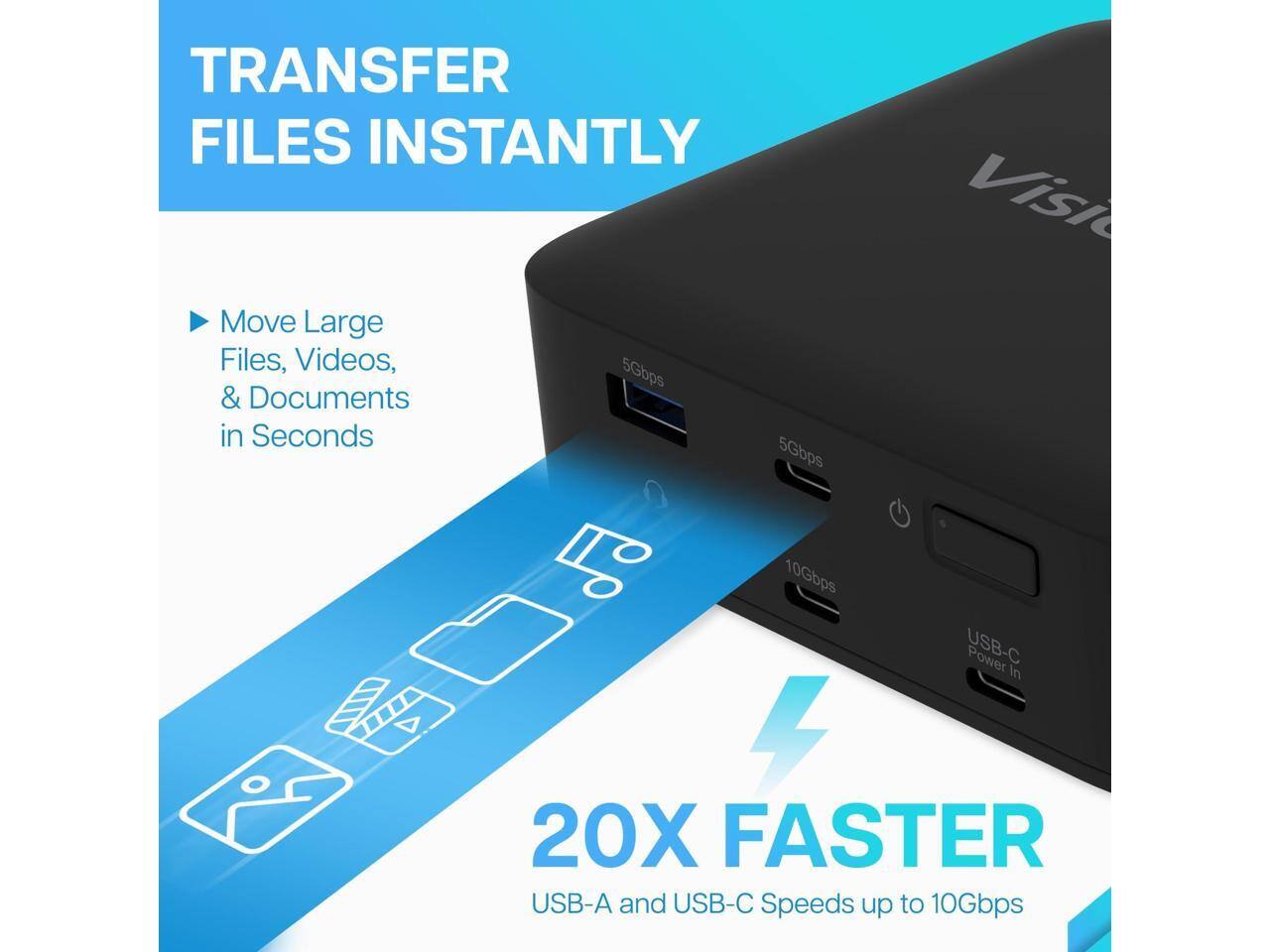 TRANSFER FILES INSTANTLY

Move Large Files, Videos, & Documents in Seconds

20X FASTER
USB-A and USB-C Speeds up to 10Gbps