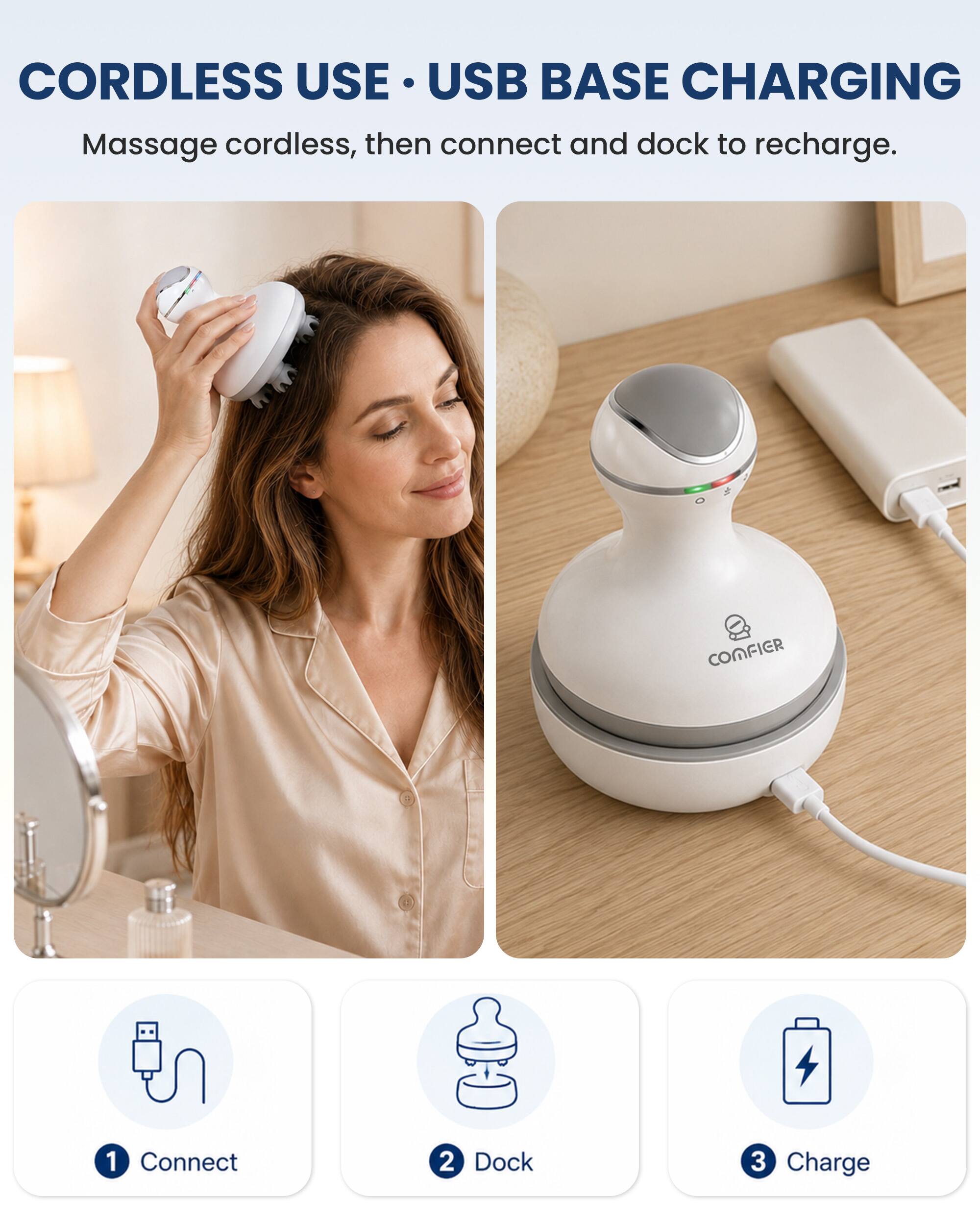 CORDLESS USE • USB BASE CHARGING  
Massage cordless, then connect and dock to recharge.  

1. Connect  
2. Dock  
3. Charge