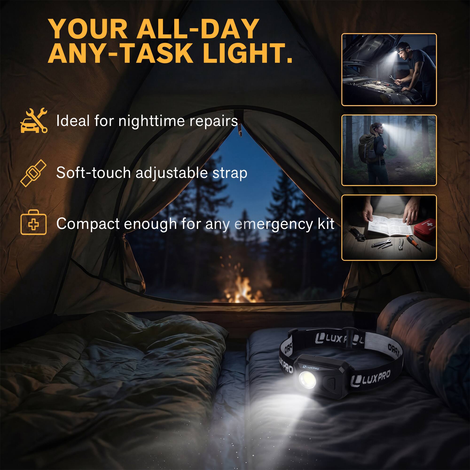 YOUR ALL-DAY ANY-TASK LIGHT.  
Ideal for nighttime repairs  
Soft-touch adjustable strap  
Compact enough for any emergency kit  

LUX PRO IPRO APRO  
LUXPRO