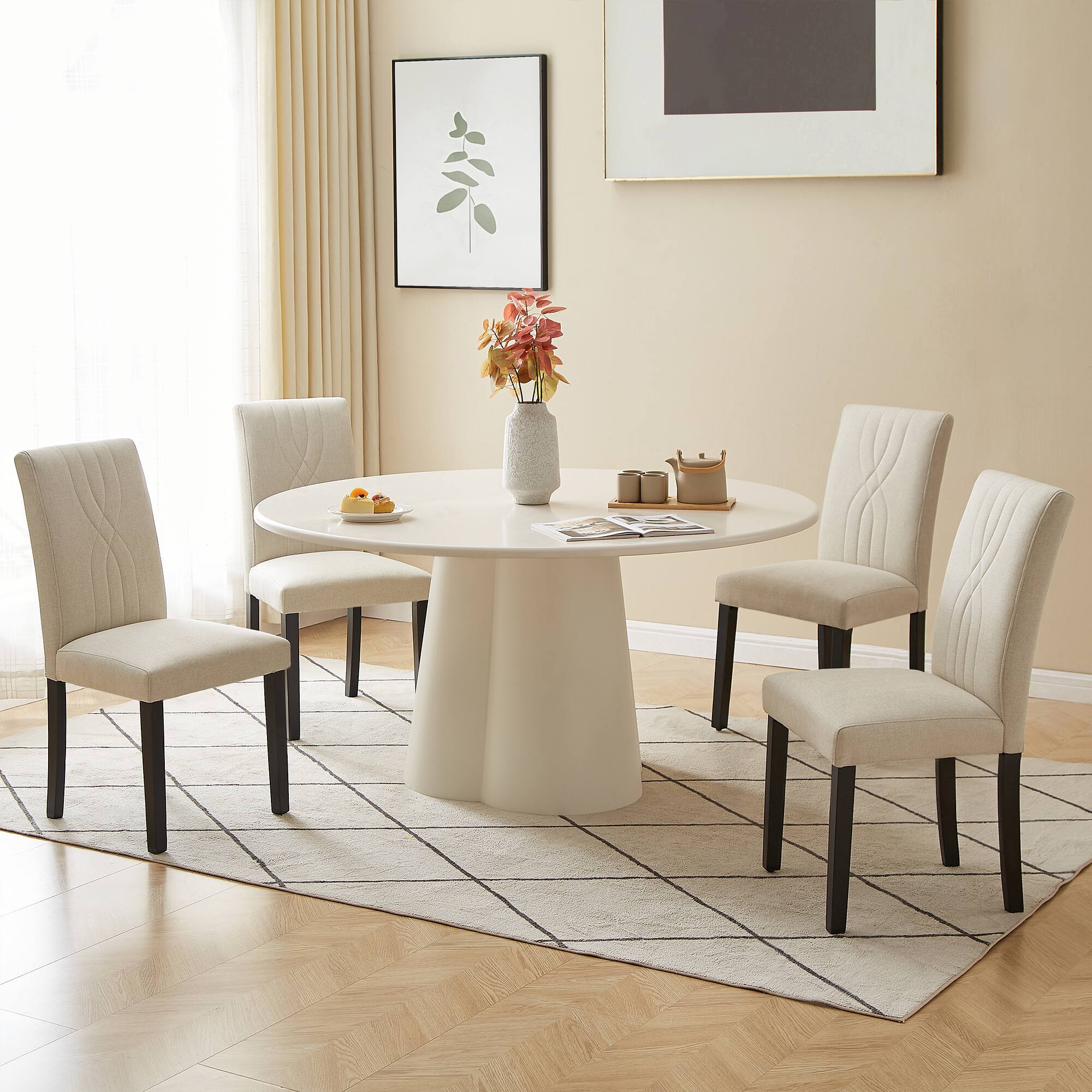 Alt View 2. Vecelo - Set of 6 Upholstered Dining Chairs, Modern Linen Fabric Chair & High Back for Kitchen/Living Room - Beige.