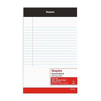 Staples  
Narrow Ruled Writing Pads  
White  
Weight: 50 Sheets  
Pad Size: 8.5" x 11"  
12 Pads  
STS7338
