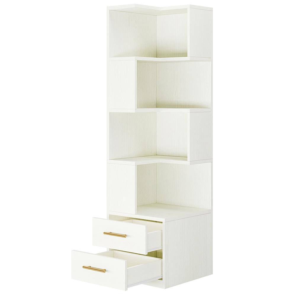 Back. Kadyn - Kadyn Bookshelf, Storage Shelf, Bookcase,66.9" L-Shaped Bookshelf, Corner Bookcase With 5-Tier Shelf And 2 Drawers,White - White.