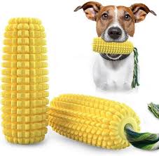 Angle. PUPIHOM - 2-Pack Corn Shaped Squeak Durable Rubber Dental Dog Chew Toy With Rope - Yello.