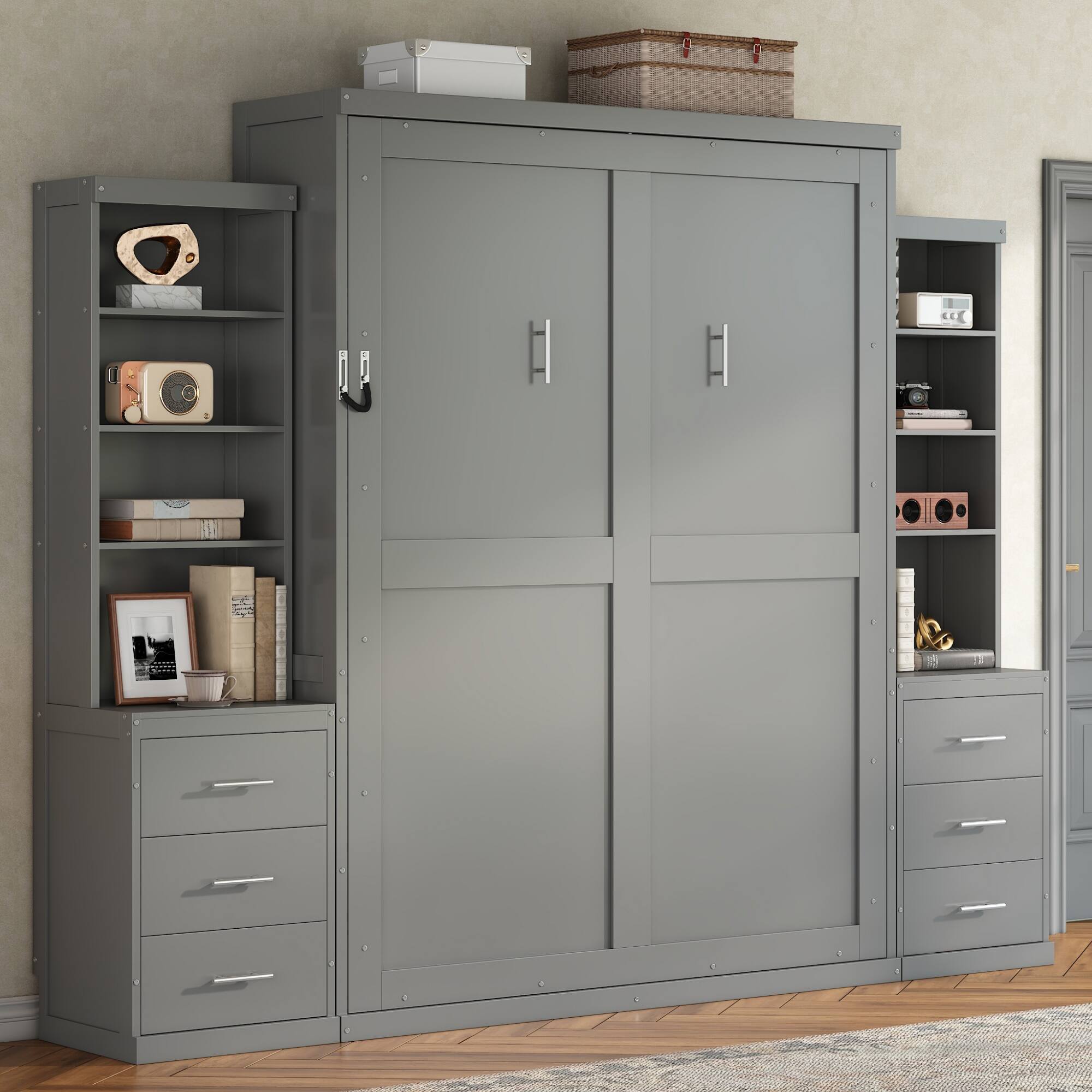 Left. Whisen - Full Size Murphy Bed with Storage Shelves & Drawers, MDF & Pine Wood Space-Saving Bed - Gray.