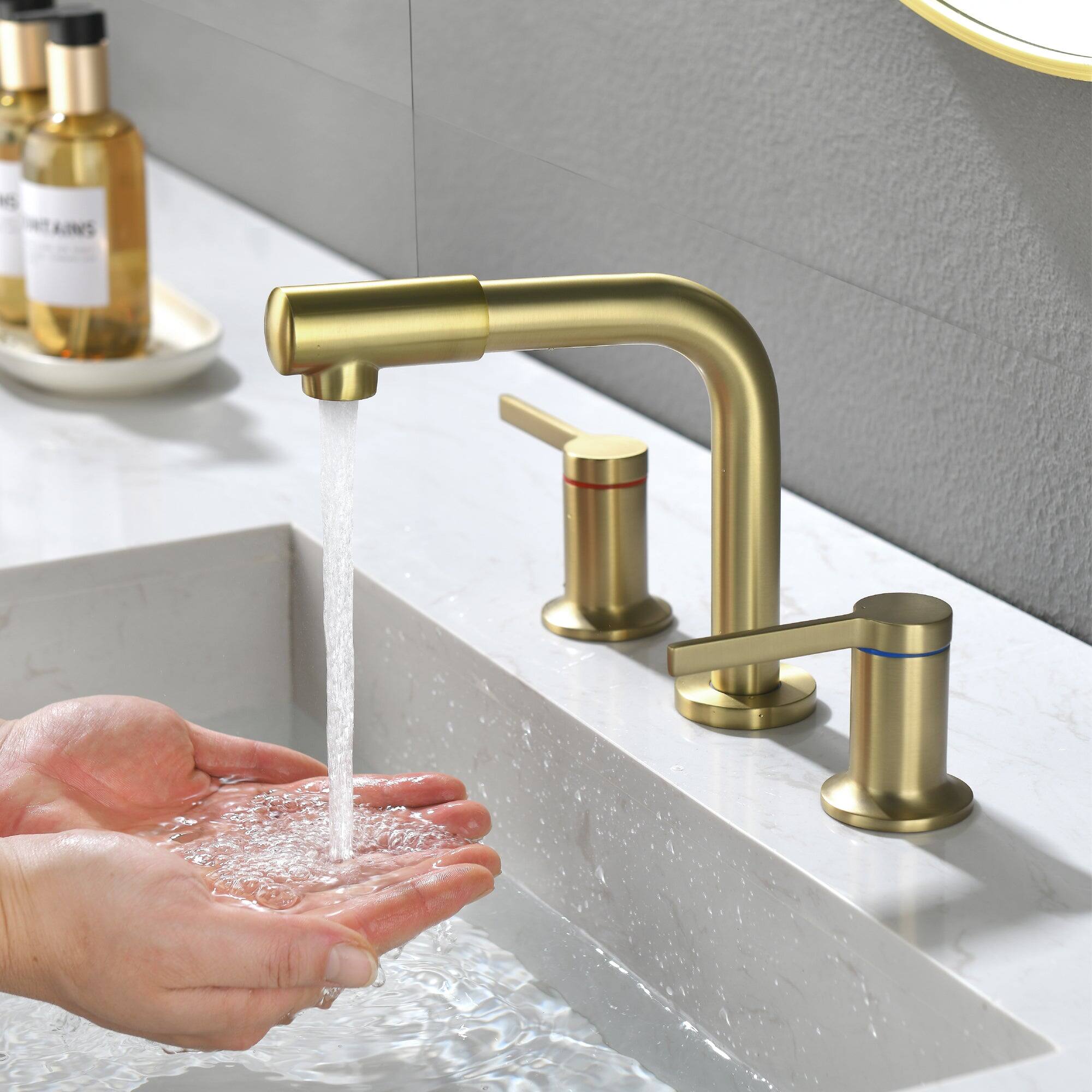 Alt View 10. Boyel Living - 8 in Widespread Double Handle 360 Degree Swivel Spout Bathroom Faucet with Quick Connect Hose in Brushed Gold - Brushed Gold.