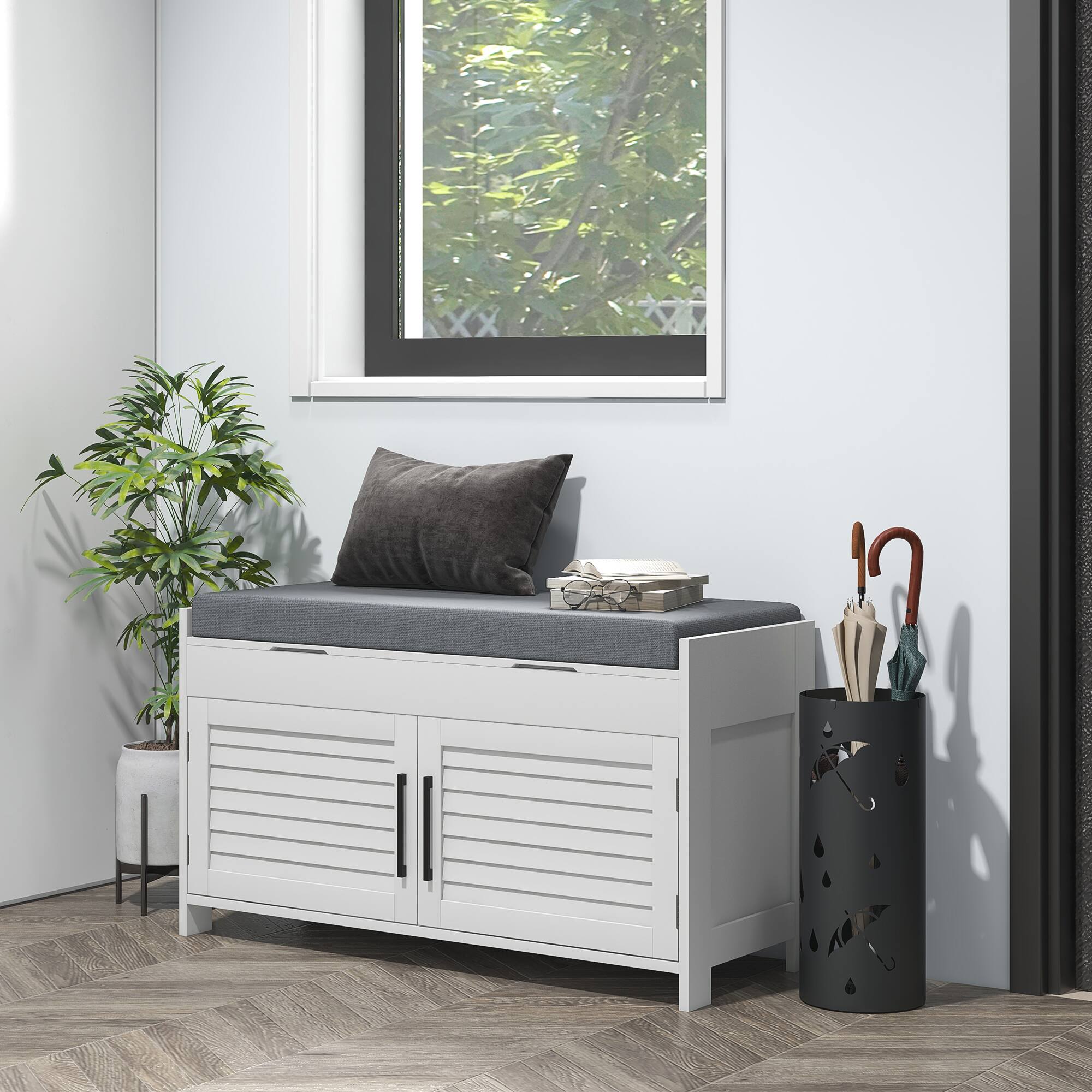 Alt View 1. Homcom - Storage Bench, Modern Entryway Bench with Cushion, Hidden Compartments, Adjustable Shelves - White.