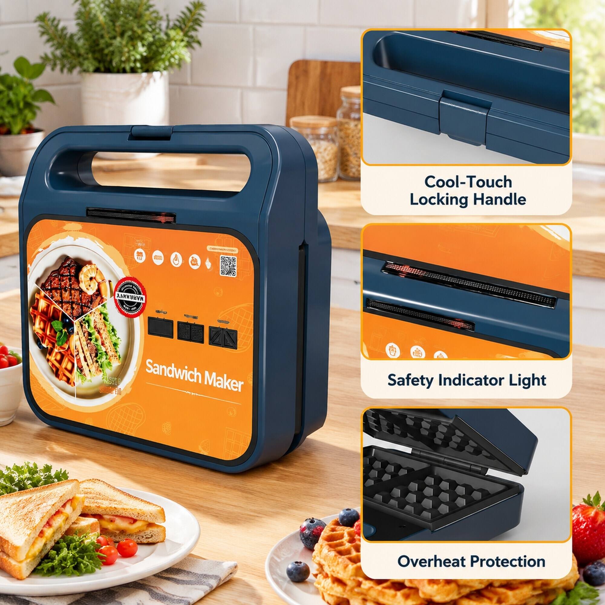 Cool-Touch Locking Handle  
MARAWAYY  
Sandwich Maker  
Safety Indicator Light  
Overheat Protection