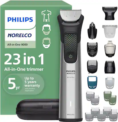 PHILIPS NORELCO All-in-One 9000 23 in 1 All-in-One trimmer Up to 5 years 5 yr warranty with product registration PHILIPS NORELCO All-in-One E 3 2 PHILIPS Wet & Dry