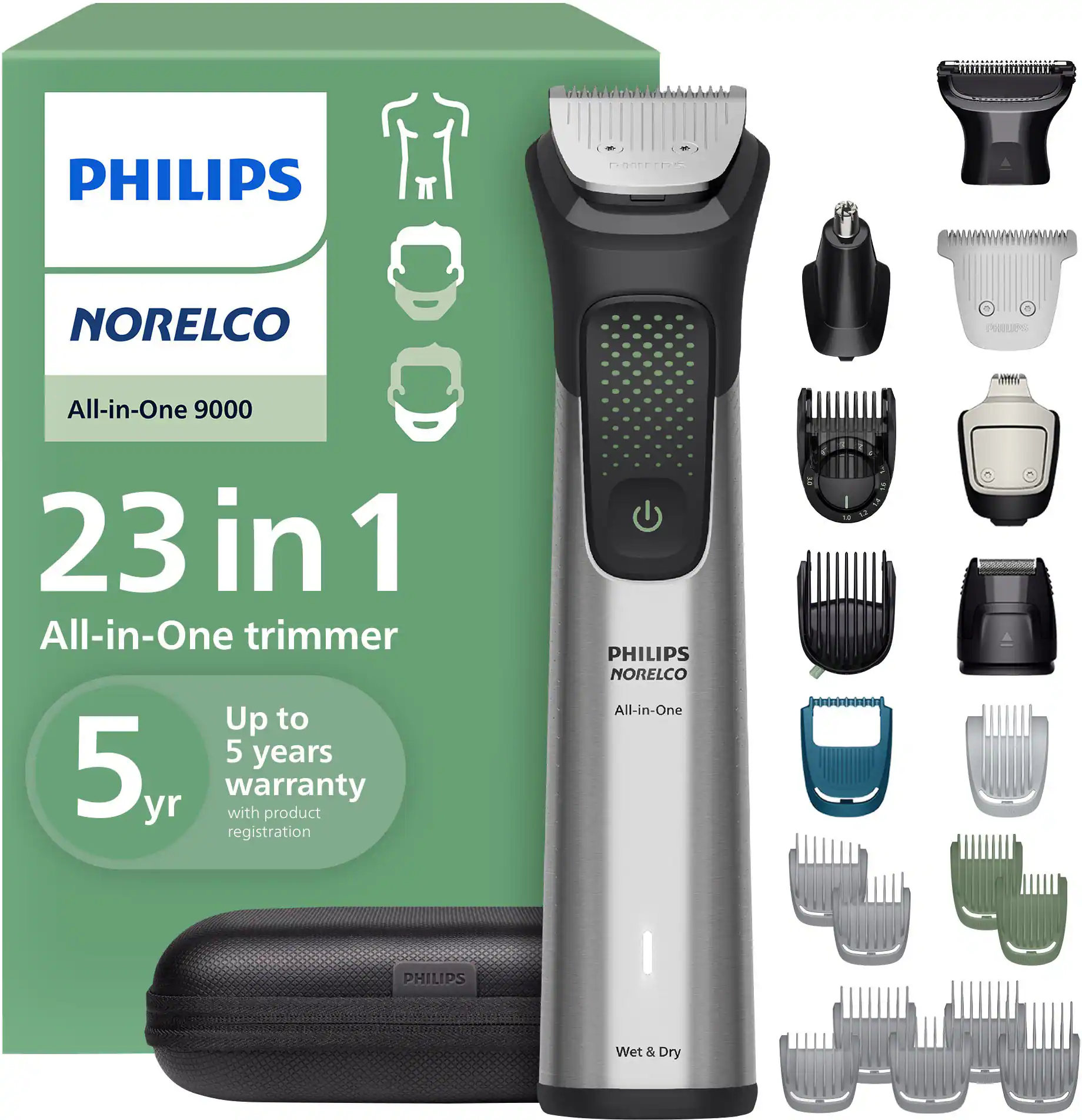 PHILIPS NORELCO All-in-One 9000 23 in 1 All-in-One trimmer Up to 5 years 5 yr warranty with product registration PHILIPS NORELCO All-in-One E 3 2 PHILIPS Wet & Dry
