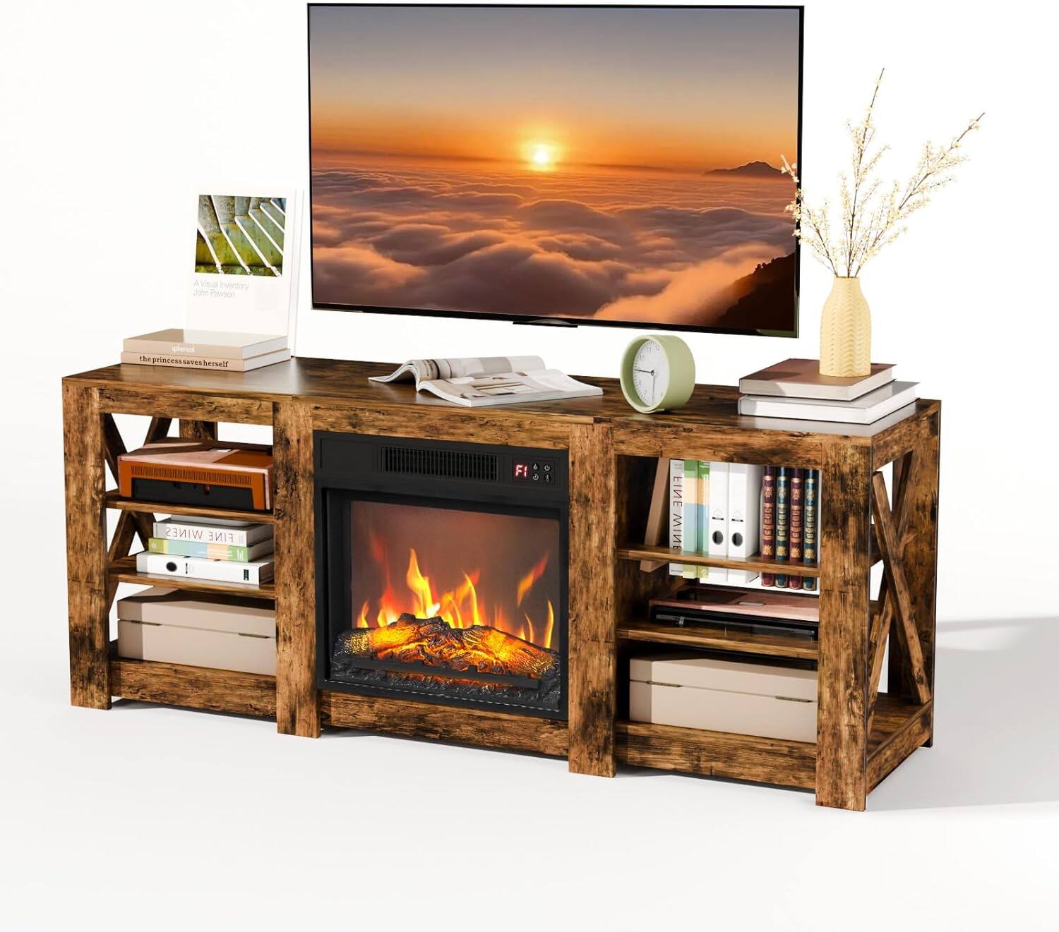 Front. Winado - 70" Fireplace TV Stand with Electric Fireplace for 70 in TV Entertainment Center - Rustic Brown.