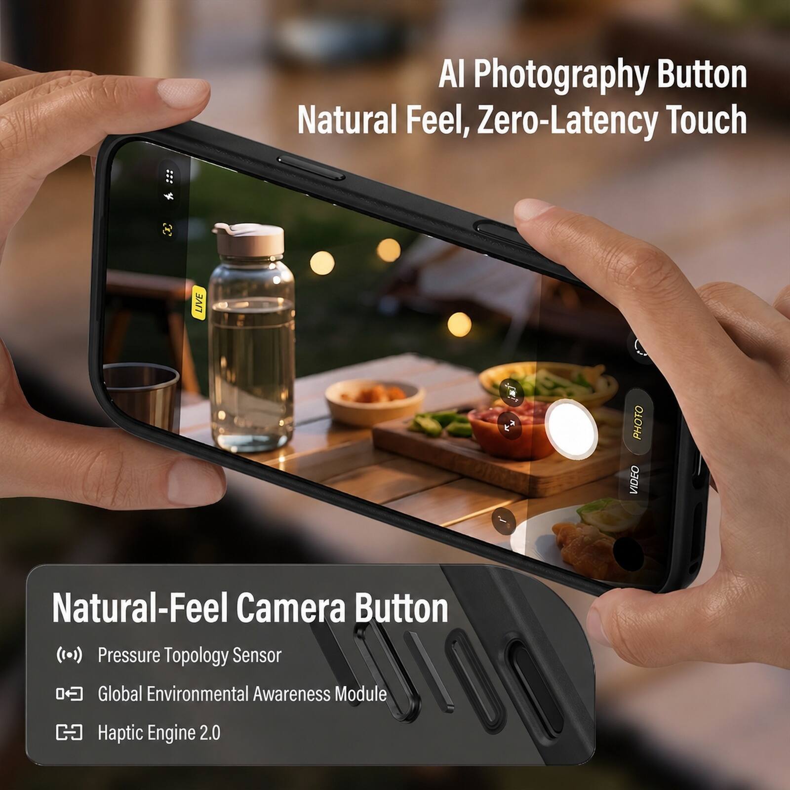 AI Photography Button Natural Feel, Zero-Latency Touch

4
LIVE
PHOTO VIDEO

Natural-Feel Camera Button
(••) Pressure Topology Sensor
Global Environmental Awareness Module
Haptic Engine 2.0